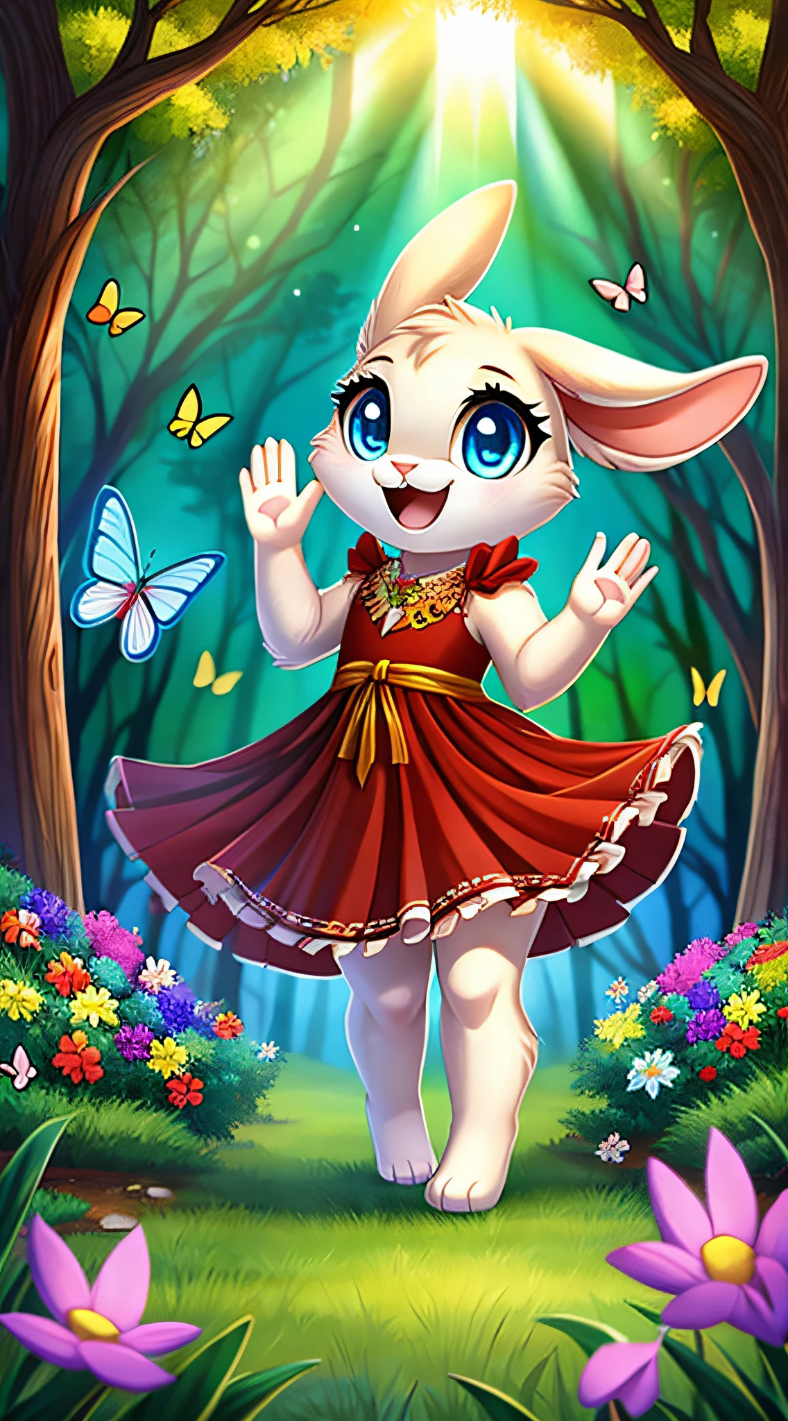 zoomed out image, fantasy style art, cute, adorable, short character, small, tiny little fluffy female white bunny with blue eyes, big floppy ears, long ears, ears perked up, raised ears, long eyelashes, wearing a long red frilly ribbon dress, waving hello, smiling, standing in a forest, big expressive smile, open mouth, wide eyes, excited eyes, excited face, stunning visuals, sunrays through the trees, colorful flowers and butterflies, digital illustration