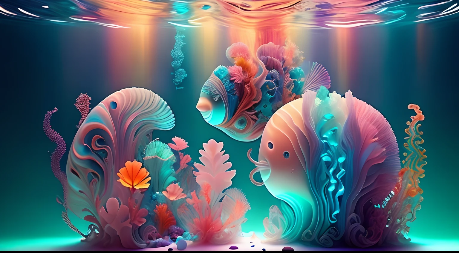 medusas bioluminiscentes flotando en la profundidad del oceano, llevadas por la corriente. Colores fluidos, translucidos , fosforescentes, de colores brillantes, colores radiantes, psicodelicos,iluminan el entorno oscuro con su fosforescencia, sensacion de movimientos fluidos , arremolinados, movimiento de los tentaculos de acuerdo al arte de los fluidos en movimiento,obra maestra, Beautiful psychedelic entropy