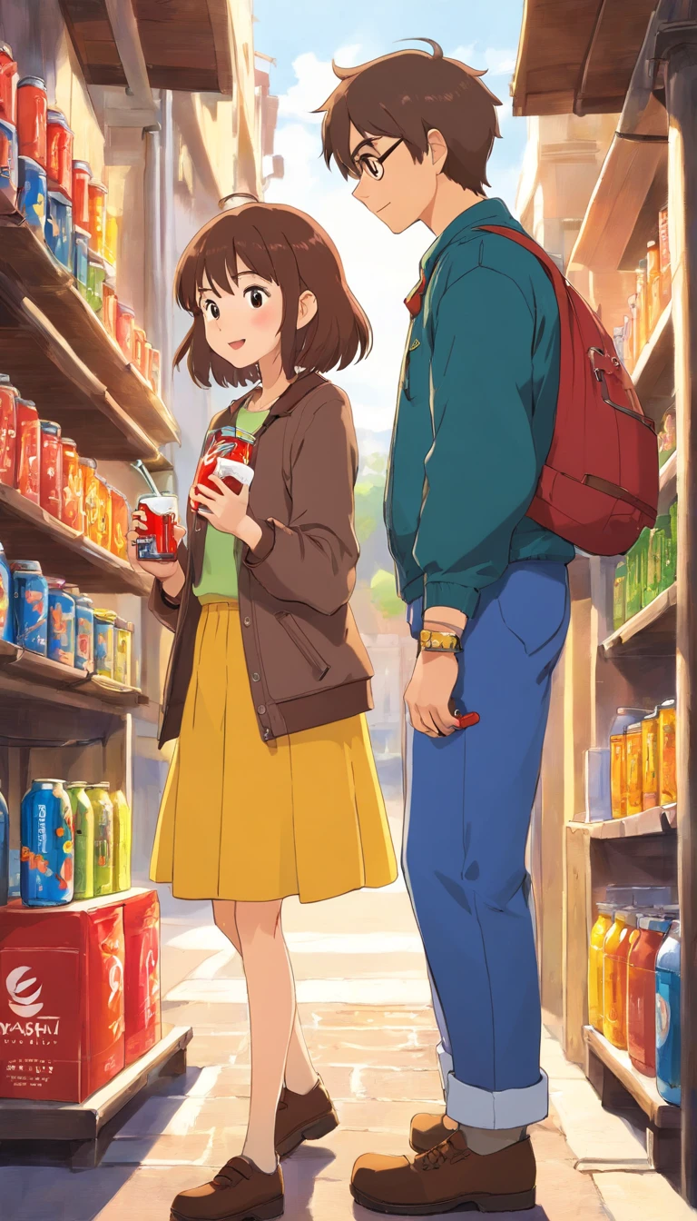 Anime girl with brown hair with a square and in a jacket gives a bottle of energy drink to a guy who is the same height as her with short brown hair in a work uniform, background garages, The atmosphere is romantic, it's sunny outside;, The guy is very happy with the gift, Manga style, They are embarrassed because they are in love with each other;