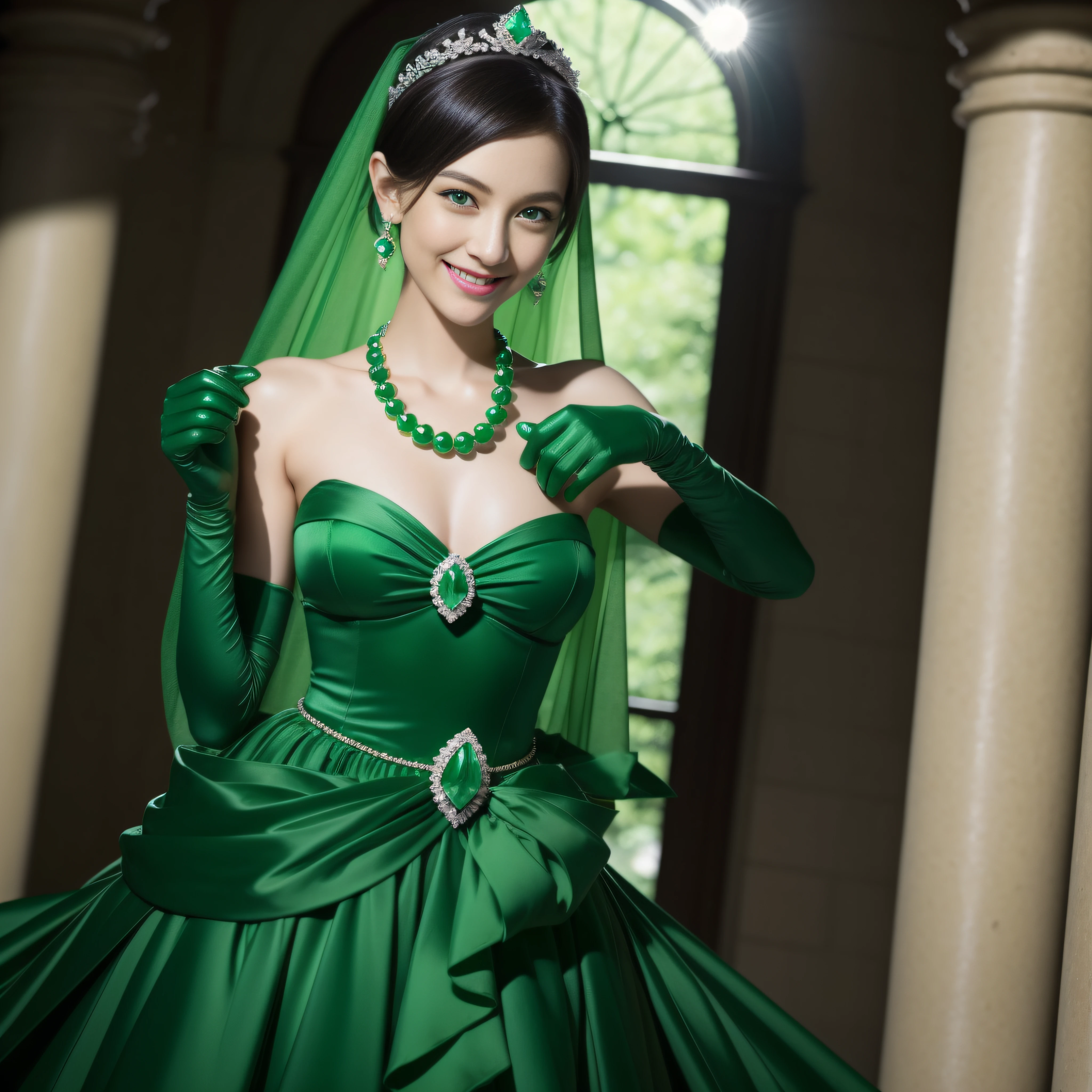 emerald tiara, Green Pearl Necklace, Boyish very short black hair, lipsticks, Japan woman smiling, very short short hair, big breasts beautiful, Green eyes, Long green gloves made of satin material, Green eyes, Emerald Earrings