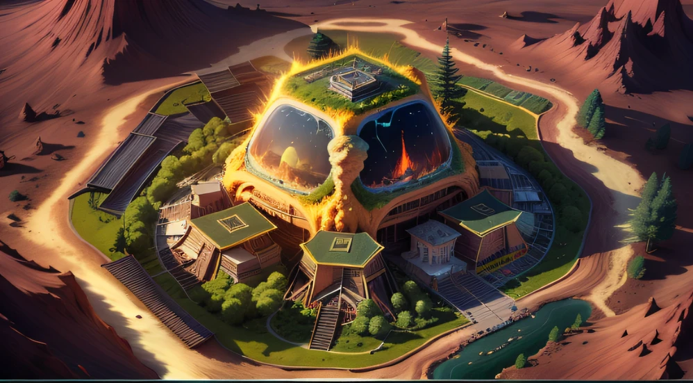 Alien hexagonal base (Very detailed) In a hexagonal mountainous oasis,There are several hexagonal exhaust fans and yellow chimneys, Some neon lights come out of the base to illuminate the dark place, (Extreme nights), Some clouds in the night sky, Some of the surrounding planets provide air to unknown planets,The farthest giant hexagonal volcano is erupting,the rainforest
