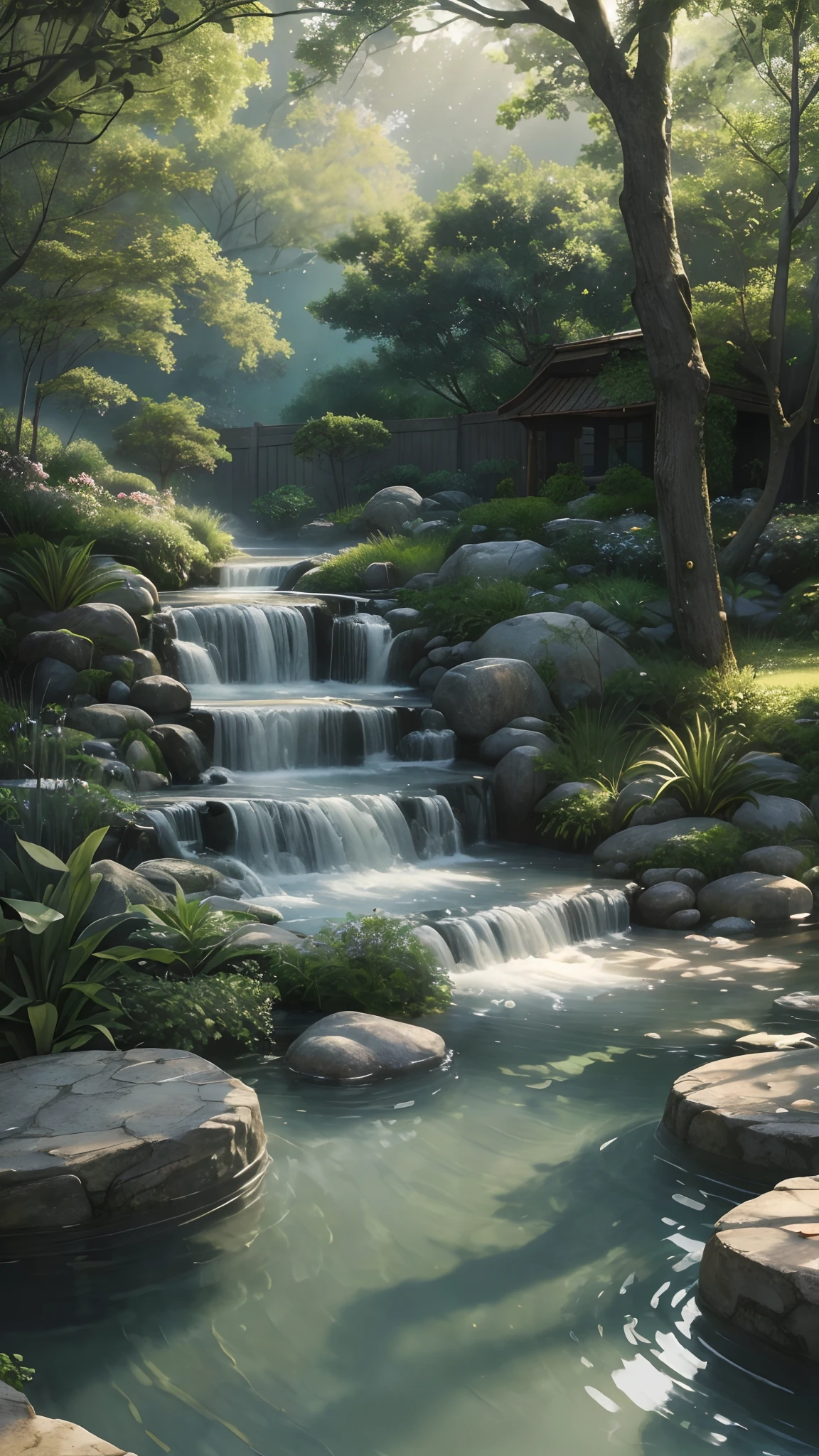 (best quality,4k,8k,highres,masterpiece:1.2),ultra-detailed,(realistic,photorealistic,photo-realistic:1.37),monochrome watercolor:1.2,greyscale:0.9,peaceful courtyard,soft colors,serene pool,vibrant blooming flowers,tranquil atmosphere,sun-dappled,gentle breeze,rippling water,serenity,muted tones,subtle shadows,textured watercolor strokes,peaceful ambiance,lush foliage,harmonious composition,delicate petals,stillness,relaxed environment,calmness,earth tones,quiet refuge,serene escape,subdued palette,dim lighting,reflective surface,whispering nature,tranquil haven,dreamlike quality,calming retreat,soothing surroundings,wistful mood.