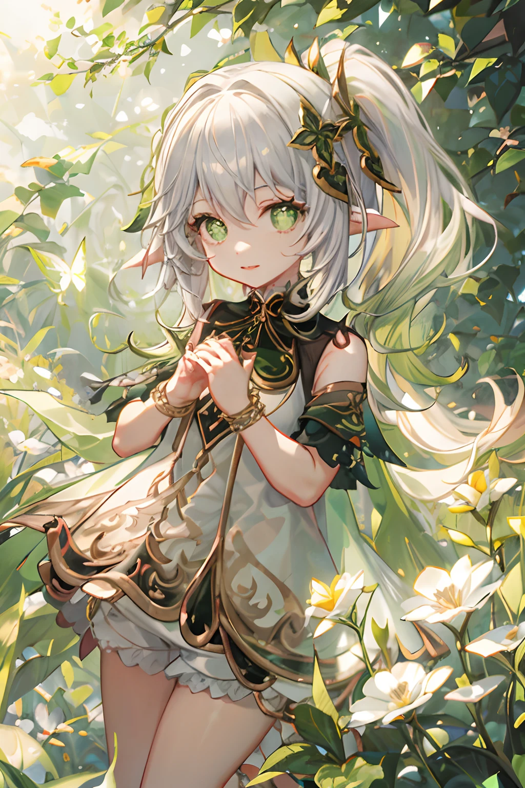 ,butterfly style,Nahida \(Genshin Impact\), cross-shaped pupils, White hair, pony tails, white dresses,Green and gold embroidery, elven ears, kiddy big breasts, playing in a field of flowers, nice hands perfect hands, jumping in the air, in a sunny forest full of flowers and mushrooms