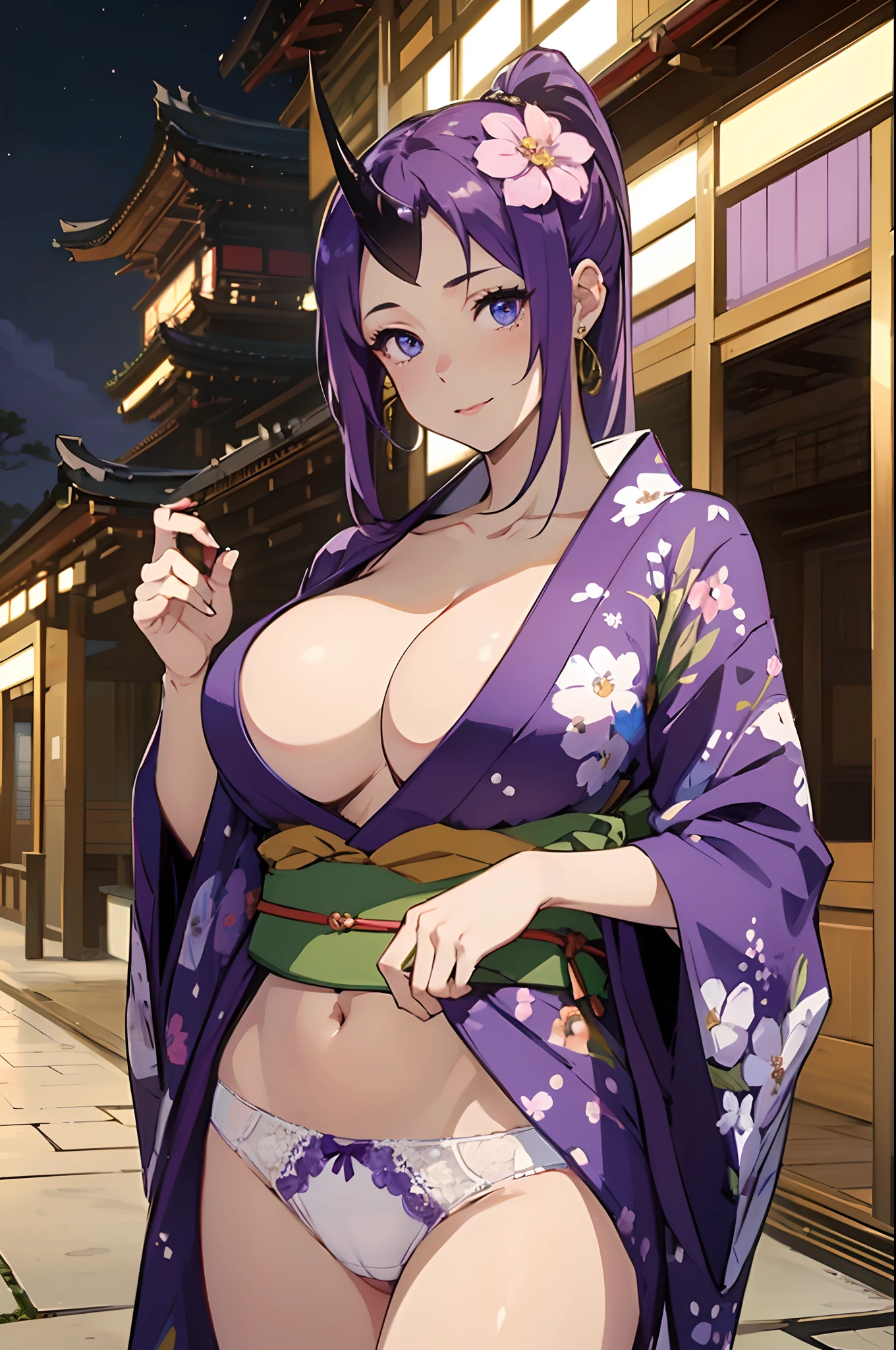 (((Masterpiece 1.5))),(hyper quality:1.5), Hyper Detailed,Perfect drawing,。.3D,16K illustrations,(((clearface)))Hi-Res,japanes,1 persons,adult lady,Beautiful skins,Woman in kimono leaning against tree on beautiful landscape background, 1girl in, Solo, Navel, komono, Panties, Kimono, Underwear, White panties, Looking at Viewer, Hair Ornament, Blue eyes, flower, Hair Flower, Night, Wide sleeves, Long hair, sash, Cowboy Shot, Long sleeves, Smile, Obi, Jewelry, with floral pattern, East Asian Architecture, Black hair, Mole, Mole under the eyes, Outdoors, architecture, earrings(((beautiful kimonos))),((Luxury underwear)),(((Beautiful underwear)))Japan background,Nice back
ground,((beatiful backgrounds))(((Detailed drawing))),Perfect Beautiful Girl,((Perfect Photo)),((emotional)),((Luxury)),spot light,、,Shion, Single Kikaku, Purple hair, Big Breast, cleavage, Purple eyes, Ponytail