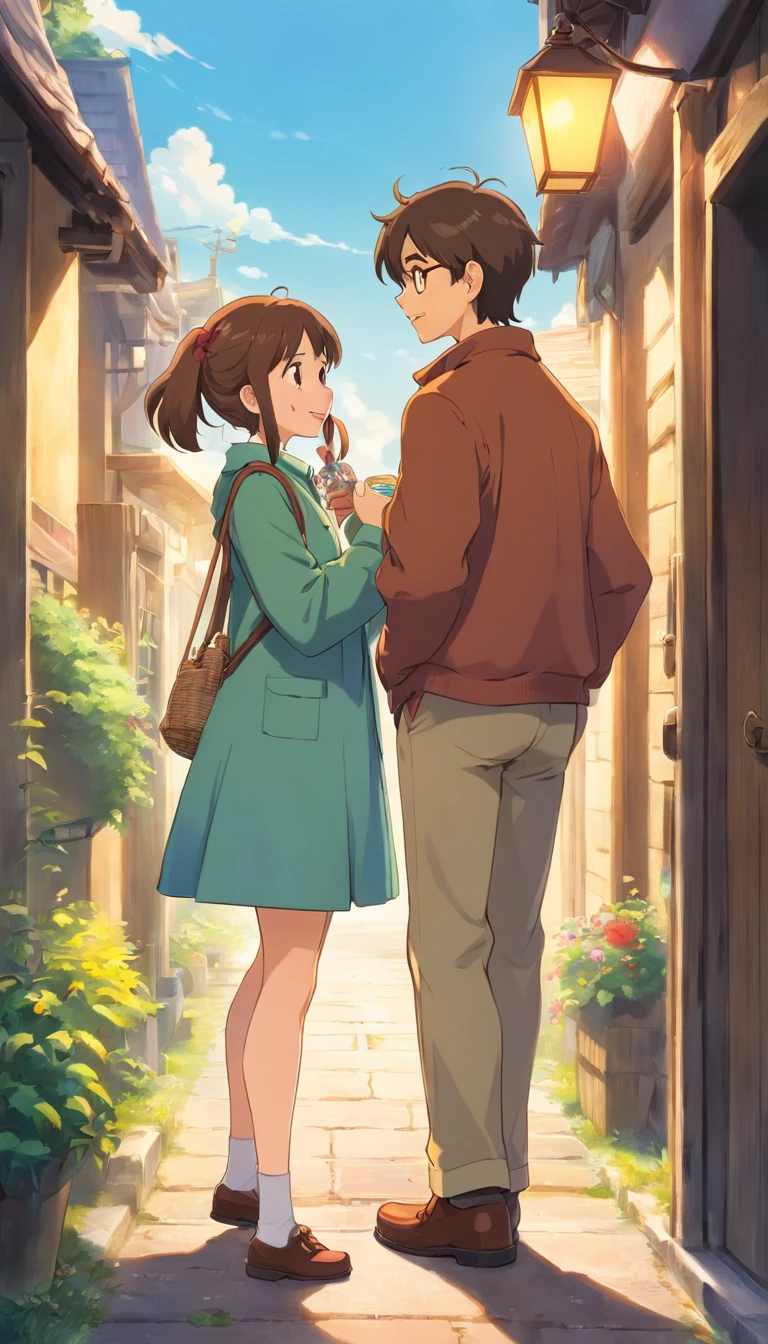 A girl with brown hair, with a square and in a jacket, gives a bottle of energy to a guy who is the same height as her, with short brown hair, in a work uniform, background garages, The atmosphere is romantic, it's sunny outside;, The guy is very happy with the gift, Manga style, They are embarrassed because they are in love with each other;, They are of the same height