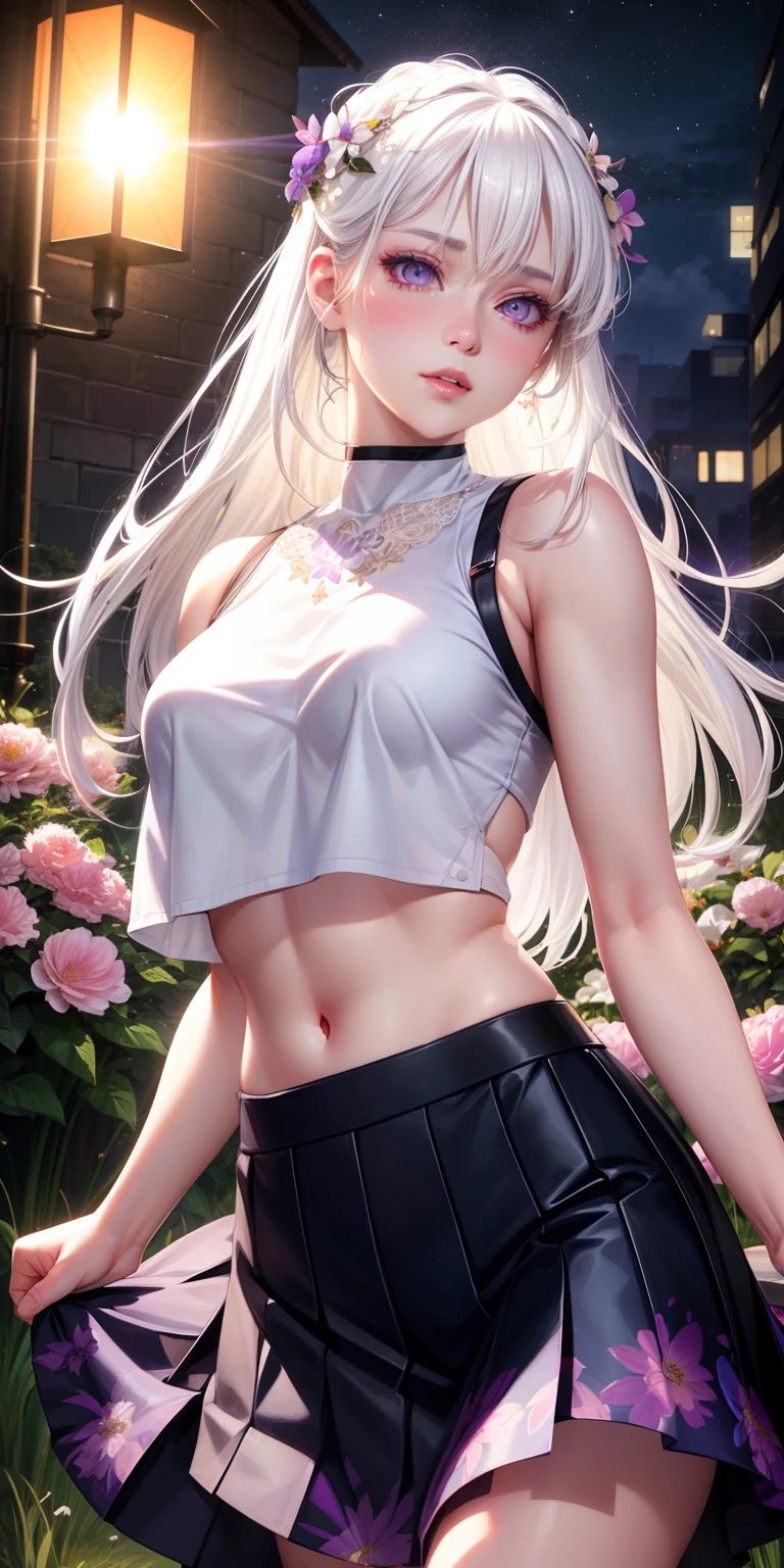 realistic, 1girl, white hair, purple eyes, glowing eyes, crop top, skirt, parted lips, blush, night, flowers, sun, sunlight,