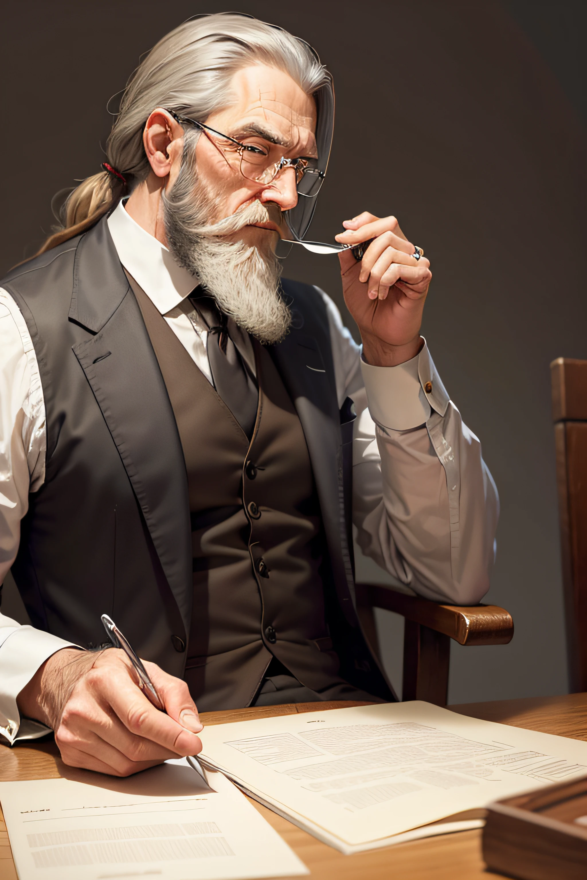 Produce picture of a sophisticated, mature man with a long beard and a vintage monocle. He is depicted from a side view, sitting and holding tweezers in his left hand and gesturing slightly with his raised left hand. Meanwhile, his right hand is resting on the table, where he seems to be meticulously examining a single grain of salt. This portrayal carries a mafia-style aura