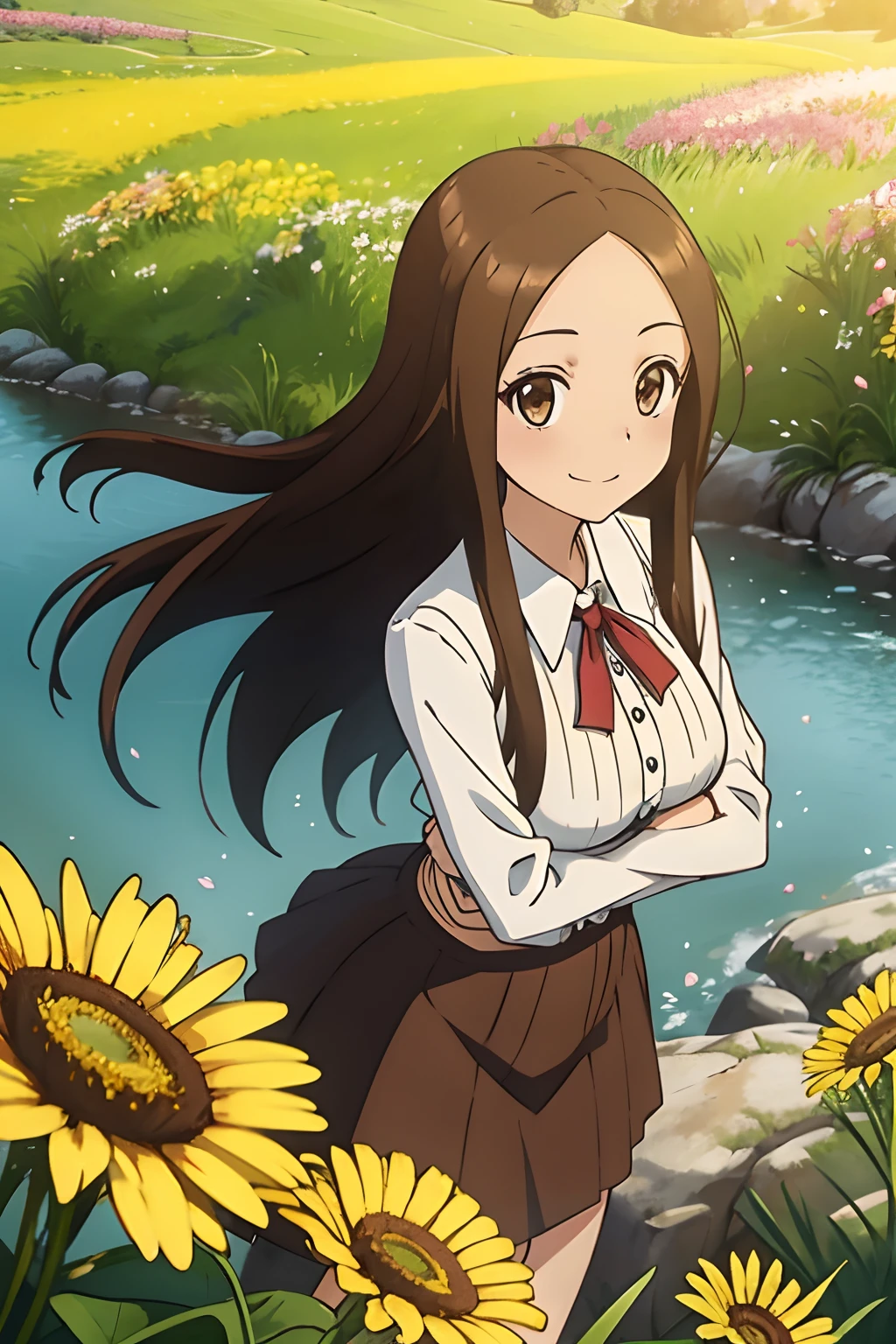 (Realistic),(Photorealistic),Takagi_San, 1girl in, Height 155 cm,Long hair, Brown hair, Part bangs, Brown eyes,((German national costume)),((white frills)),(red clothing),large full breasts,cleavage of the breast,Forehead,Smile, Looking at Viewer,masutepiece,Big ass,Full body, Best Quality, (Colorful),volumatic light, Ray tracing,the Extremely Detailed CG Unity 8K Wallpapers,Smile,((flying petal)),(Flowery meadow), Sunny,Sunshine, light, Fantasy, Windy, magic sparks, Trees, lake, mountainscape, ((Flowers)),weeds