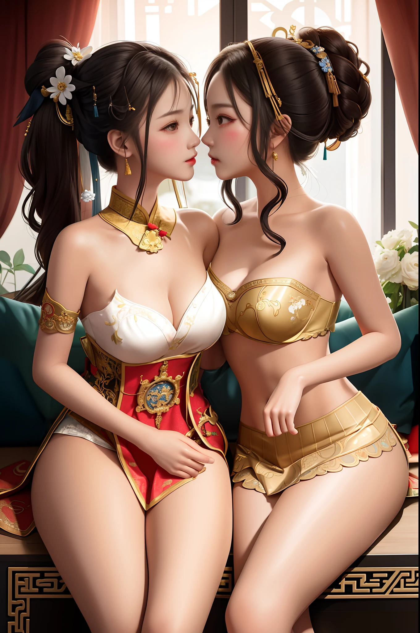 two women in lingersuits are sitting on a couch, wlop and sakimichan, inspired by Wang Duo, artwork in the style of guweiz, lesbian art, trending on cgstation, wlop and ross tran, beautiful render of tang dynasty, kissing together cutely, ruan jia and brom, ruan jia and artgerm