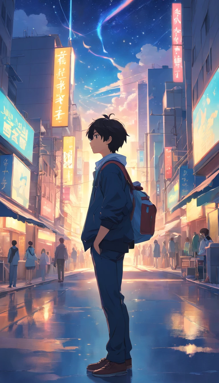 ​masterpiece、Adults、３０Uncle of the generation、twinks、Forehead、30-years old、A dark-haired、Black jacket、Black pants、white t-shirts、Give bangs、Sticking out your forehead、twinks、Eyes drawn in detail、a handsome、Inside the city、starrysky、Mystical light、Dramatic light、Cinematic power、