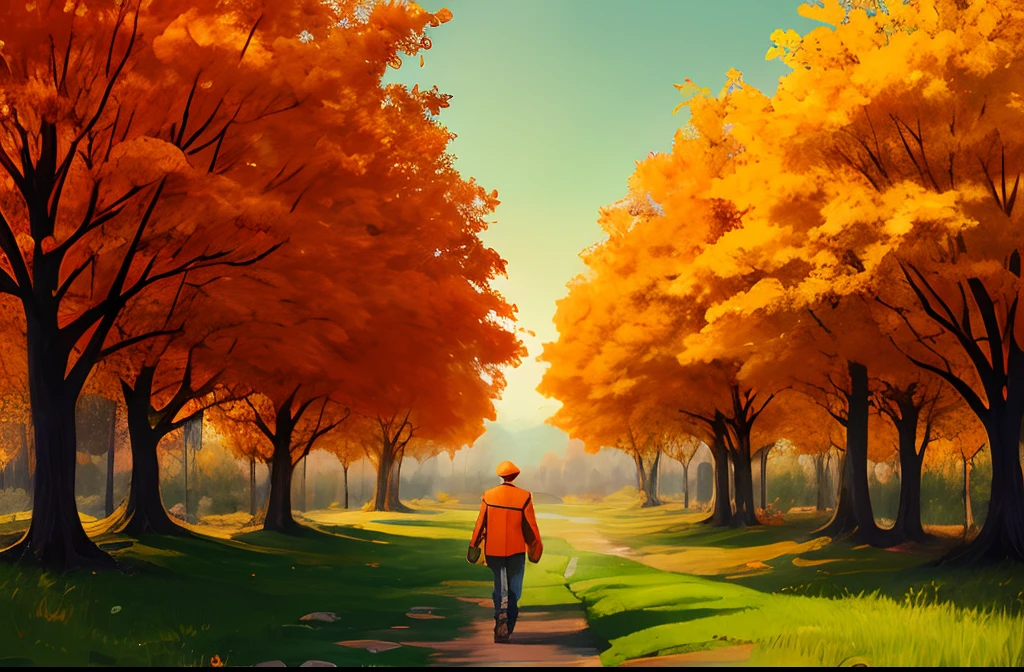 character walking through the landscape with orange and green leafy trees and grassy ground. panoramic image