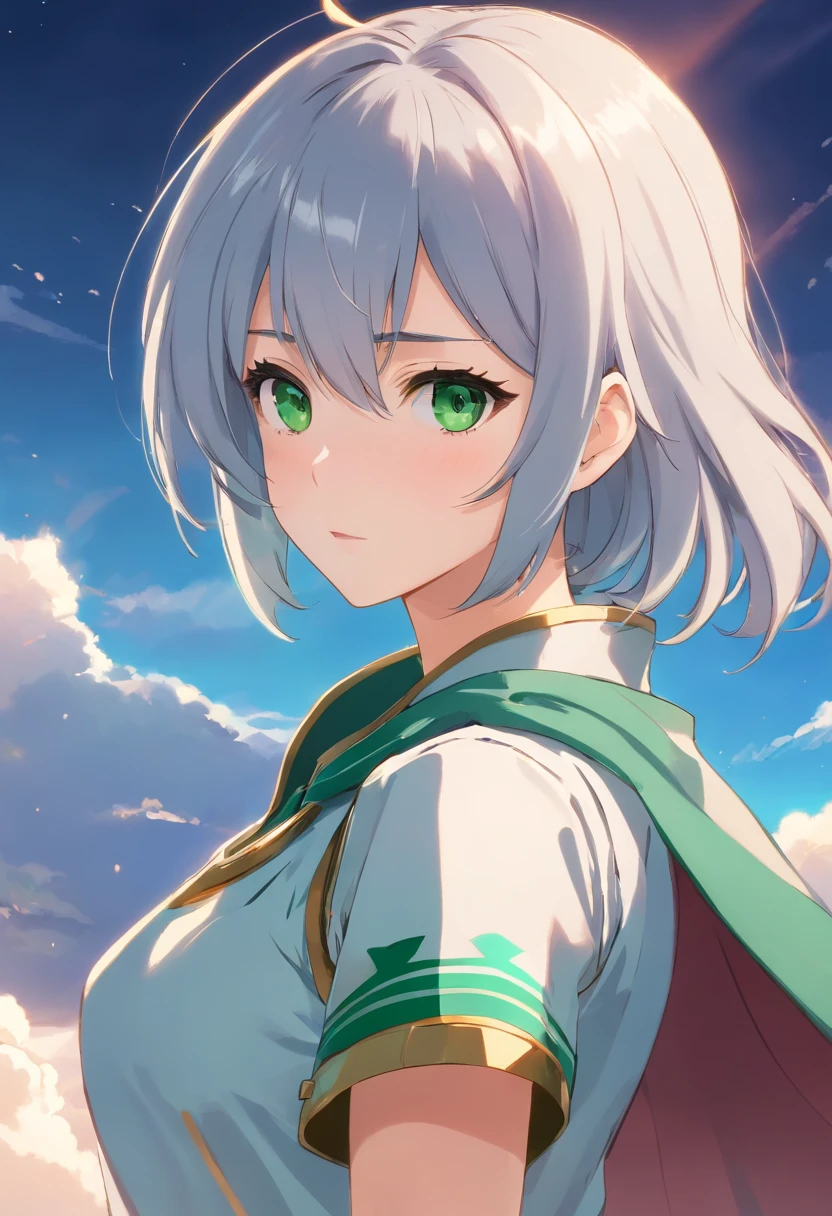 （8K，Best quality，style of anime）Silver-haired female knight，Green emerald pupils，Delicate facial features，The drawing style is similar to that of characters in anime，Full body like，with a pure white background，Character design，quadratic element，Include a small amount of introductory text，Three views of people