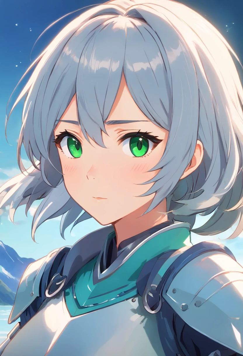 (8K,Best quality,style of anime)Silver-haired female knight,Green emerald pupils,Delicate facial features,The drawing style is similar to that of characters in anime,Full body like,with a pure white background,Character design,quadratic element,Include a small amount of introductory text,Three views of people