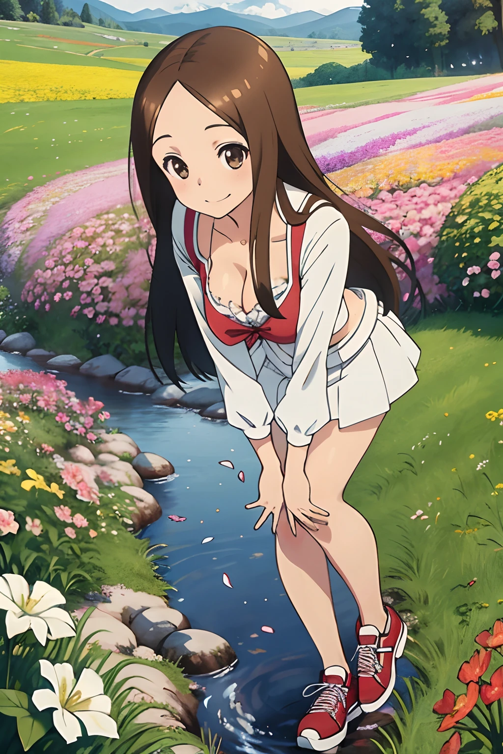 (Realistic),(Photorealistic),Takagi_San, 1girl in, Height 155 cm,Long hair, Brown hair, Part bangs, Brown eyes,（（German national costume））,（（white frills））,（red clothing）,large full breasts,cleavage of the breast,Black sneakers,Forehead,Smile, Looking at Viewer,masutepiece,Big ass,Full body, Best Quality, (Colorful),volumatic light, Ray tracing,the Extremely Detailed CG Unity 8K Wallpapers,Smile,((flying petal)),(Flowery meadow), Sunny,Sunshine, light, Fantasy, Windy, magic sparks, Trees, lake, mountainscape, ((Flowers)),weeds
