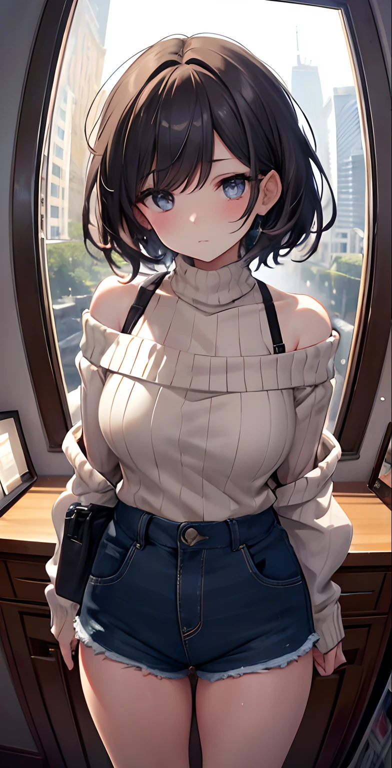 Big breasts, (master piece), best quality, extremely detailed, (Watercolor), bloom, delicate and beautiful, illustration, (bottom), (1girl:1.4), (alone:1.2), big breasts, (ribbed sweater :1.3), off-the-shoulder sweater, (short shorts:1.2), bare shoulders, (Lower Chest), ((dark skin:0.8)), Beautiful eyes, (disheveled hair), photography, over-the-shoulder shot, Direction : Alex Maleev, professional, Camera Canon, nikon camera, sharp, Bokeh, studio quality, fisheye lens, Director: Robert Capa