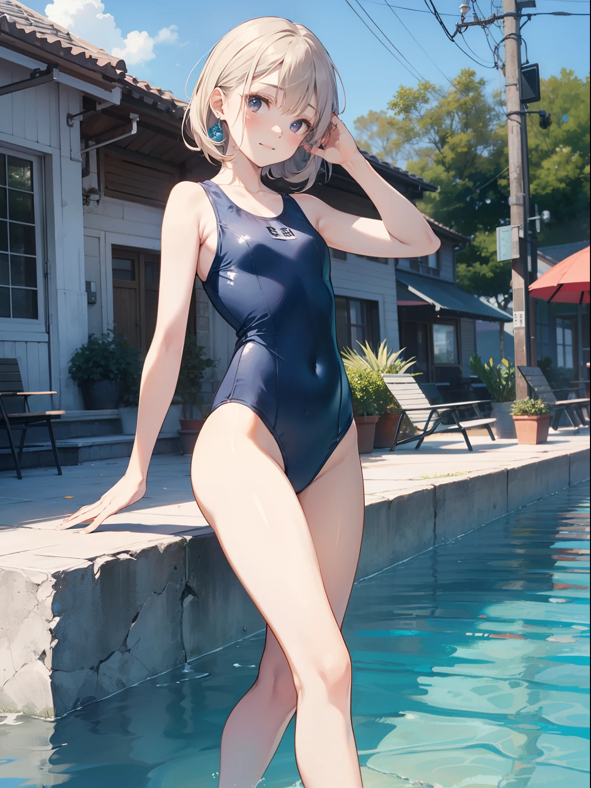 top-quality、Full limbs、complete fingers、Slender beauty、One、ssmile、embarassed expression、White Sailor School Swimsuit、knee high、straighten your legs、Put your hands on your hips