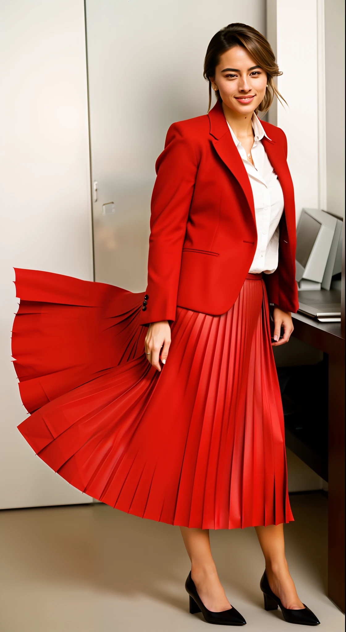 very (seductive:1,9) smiling attractive lesbian woman wearing short blazer and very very detailed (long (fully pleated) full circle skirt) and (simple) low heeled office shoes, very very intricate hyper-detailed symmetric (attractive graceful young feminine face) with (sad, tired eyes and a shy smile), large breasts, full of empathy and compassion and love, (pronounced (feminine) features), (highly detailed ultra accurate realistic) hands and fingers, (windy conditions and wind blowing), epic composition, highly detailed attributes, highly detailed atmosphere, (35mm f1.4 Kodak portra 400 photograph), extremely high quality RAW photograph,