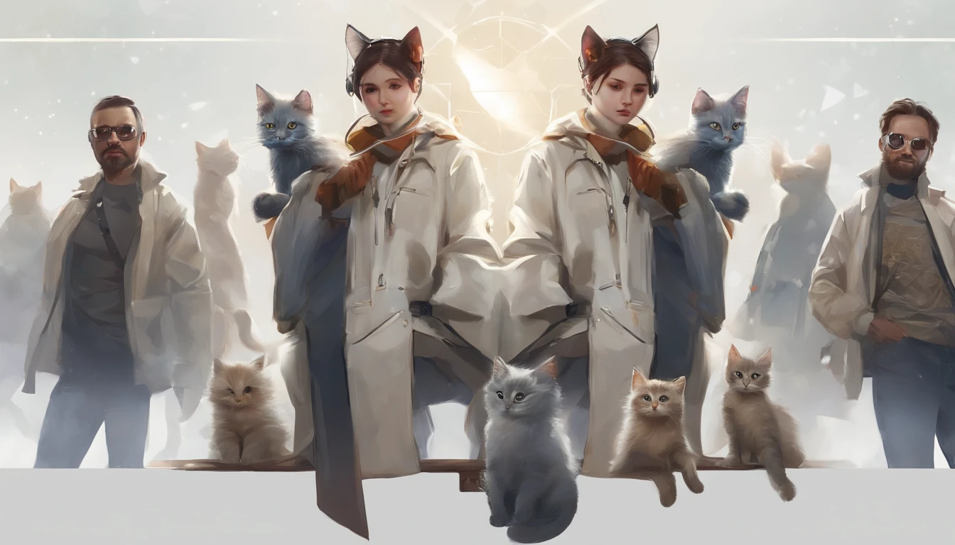 Perfect centering, Cute kittens everywhere, Wear a student jacket, Wearing sunglasses, Wearing headphones, Standing position, Abstract beauty, Centered, Looking at the camera, Facing the camera, Approaching perfection, Dynamic, Moonlight, Highly detailed, Digital Painting, art stations, concept-art, Smooth, Sharp Focus, 8K, hight resolution, Illustration, art by carne griffiths and wadim kashin, White background