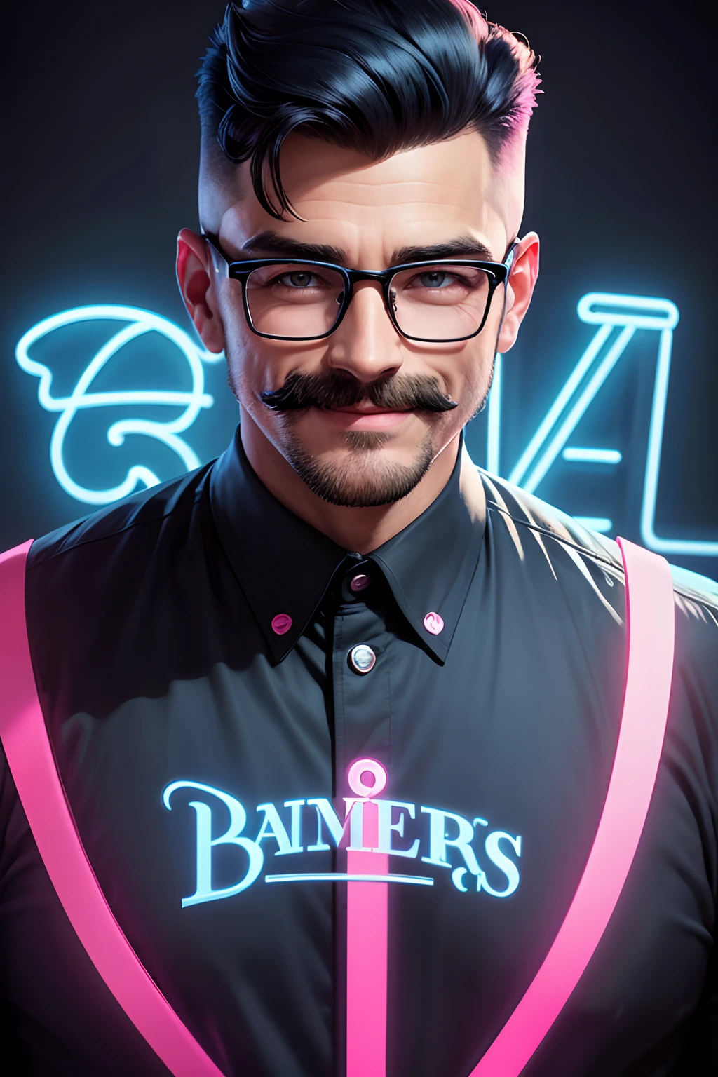A mustache man with glasses with a perfect haircut, an advertising photo for a barbershop, in a black and blue neon and pink background, advertising lighting, in the style of an advertising poster, combing his hair and smiling