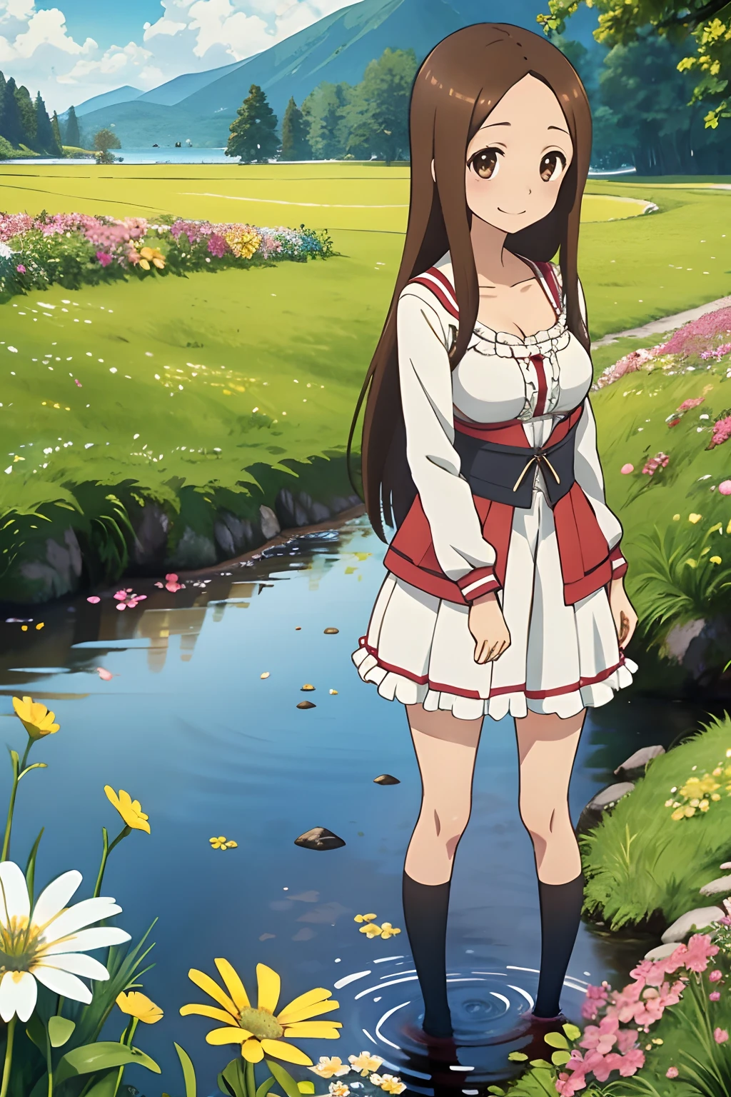 (Realistic),(Photorealistic),Takagi_San, 1girl in, Height 155 cm,Long hair, Brown hair, Part bangs, Brown eyes,((German national costume)),((white frills)),(red clothing),large full breasts,cleavage of the breast,Forehead,Smile, Looking at Viewer,masutepiece,Big ass,Full body, Best Quality, (Colorful),volumatic light, Ray tracing,the Extremely Detailed CG Unity 8K Wallpapers,Smile,((flying petal)),(Flowery meadow), Sunny,Sunshine, light, Fantasy, Windy, magic sparks, Trees, lake, mountainscape, ((Flowers)),weeds
