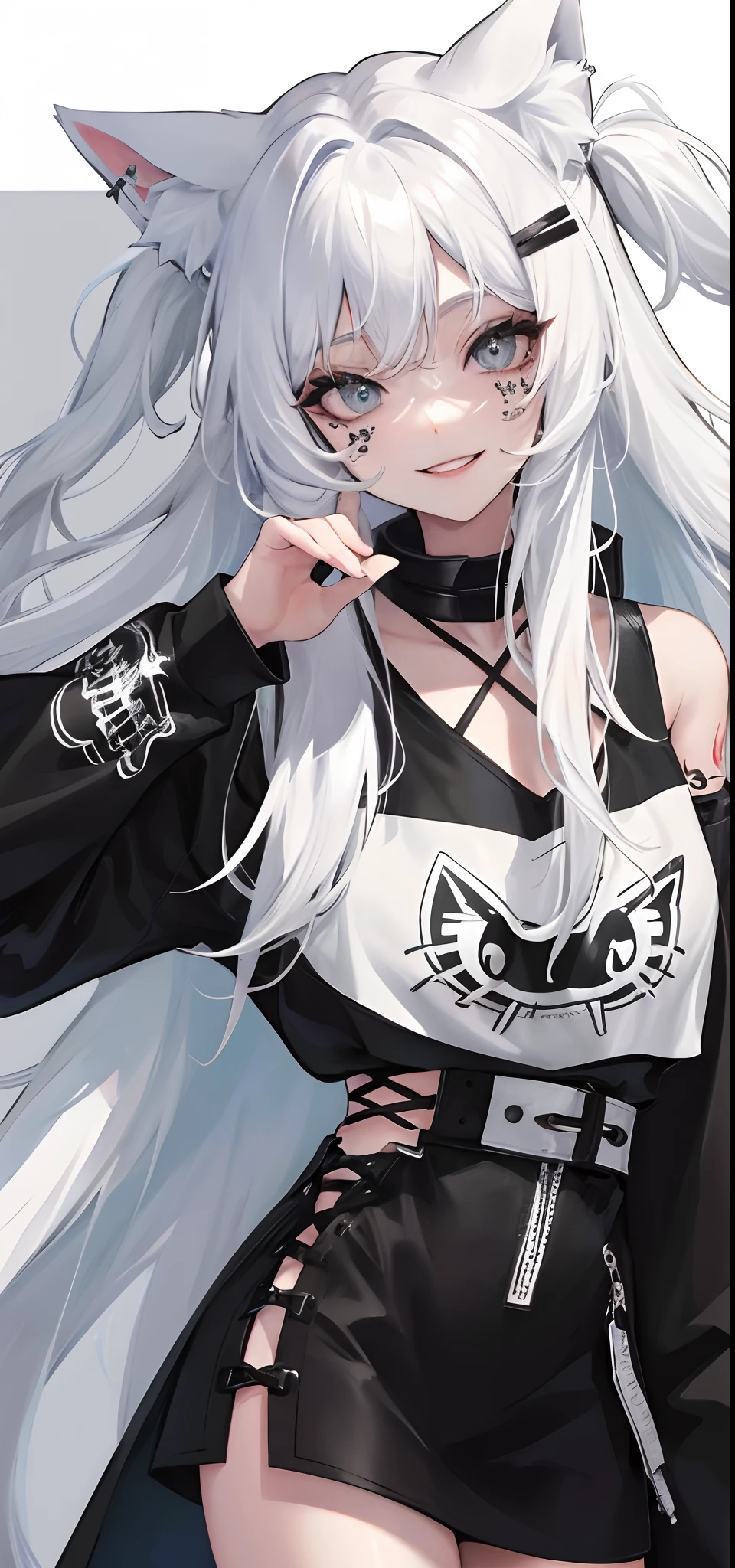 Girl, long white hair, cat ears, black eye, in, , Smile, tattoo, masterpiece, Hiquality