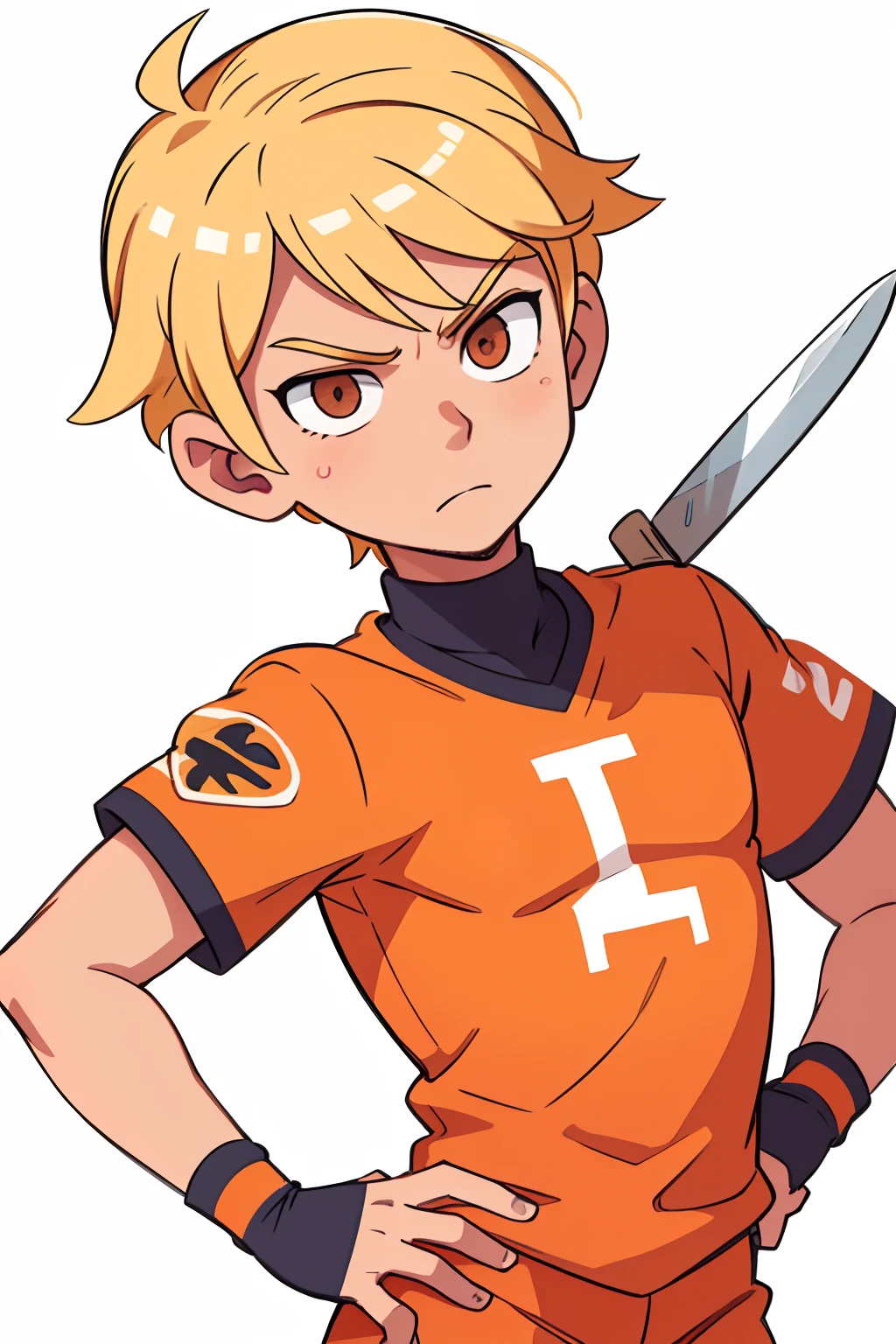 guy, blonde man , In sports orange uniform T, with a knife , armbands