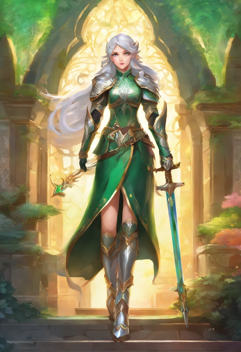 (8K,Best quality,style of anime)Silver-haired female knight,Green emerald pupils,Delicate facial features,The drawing style is similar to that of characters in anime,Full body like,with a pure white background,Character design,quadratic element,Include a small amount of introductory text,Three views of people