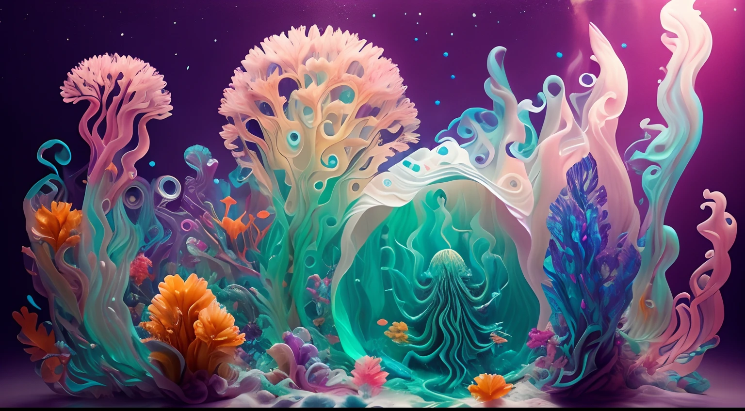 Arte en movimiento,medusas bioluminiscentes flotando en la profundidad del oceano, llevadas por la corriente. Colores fluidos, translucidos , fosforescentes, de colores brillantes, colores radiantes, psicodelicos,iluminan el entorno oscuro con su fosforescencia, sensacion de movimientos fluidos , arremolinados, movimiento de los tentaculos de acuerdo al arte de los fluidos en movimiento,obra maestra, Beautiful psychedelic entropy
