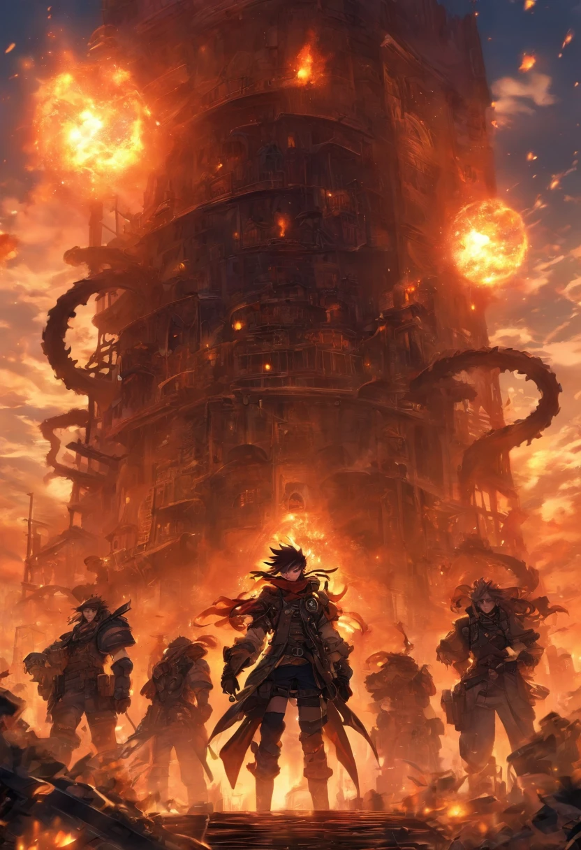 Post-apocalyptic steampunk，Highly detailed steampunk tactical gear,  Pieces of metal flutter in the wind, post apocalyptic wasteland, highly detailed back ground, Perfect masterpiece, High quality, high resolution，barren，Great barrenness。You've never seen anything like it。The sun went out，The atmosphere is mixed with some black dust，From the ground to the night，The sight appears an eerie fiery reddish-brown。Some huge mistakes that cannot be named, Reveal disgusting tentacles，Climb between huge mountains and jungles。The city is in ruins，The sea spreads to land，A familiar fishy smell filled the air。。Huge basins rise，Rise to heights untouchable by humans
