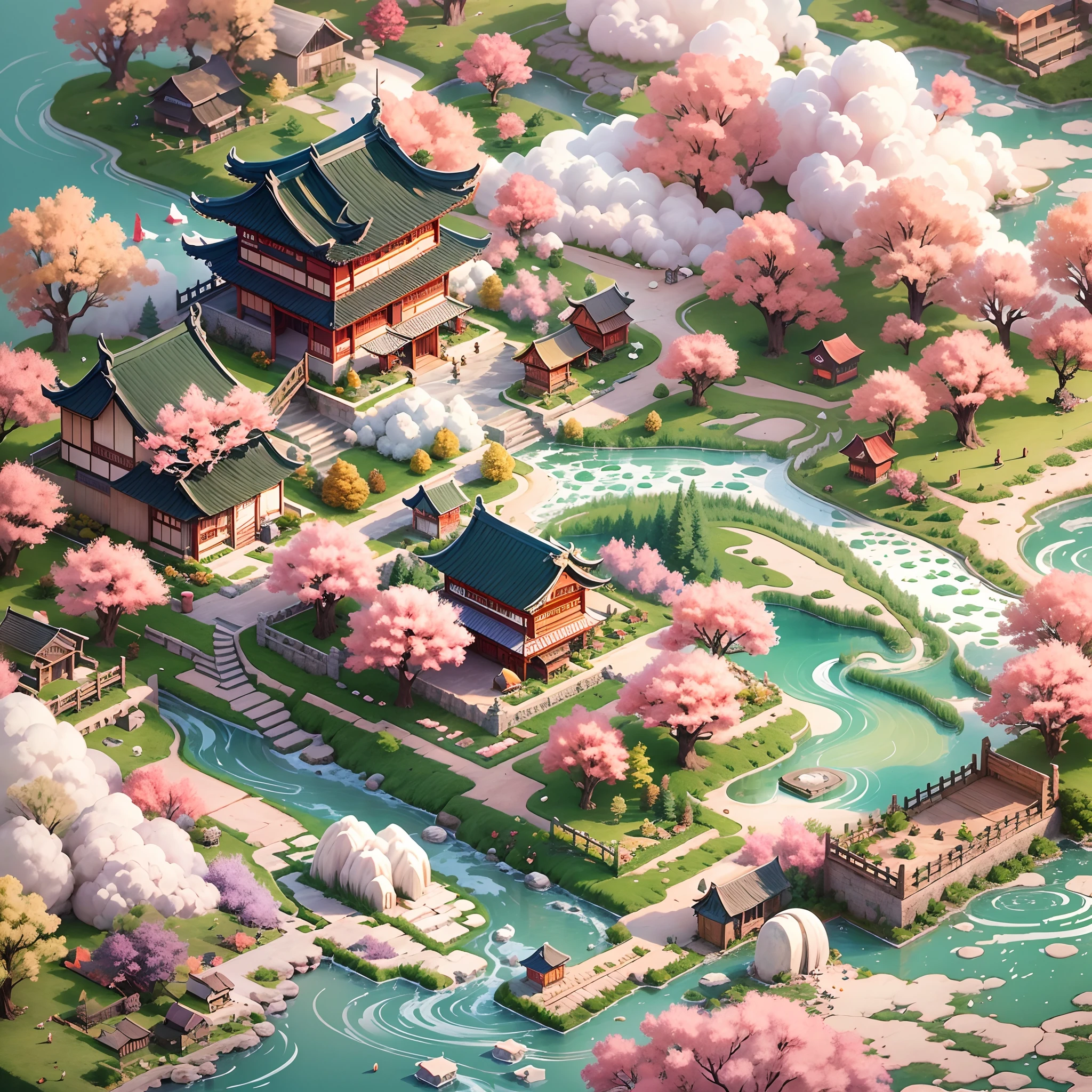(Isometric animation,cold shades,white backgrounid,Caustics,sharp-focus:1.5),China-style,mountain peaks,small stream,villages,farm land,White peach blossoms,White clouds,peacock, Graphic illustration style,Sewing paper style,Auspicious clouds,The is very detailed,cold shades、