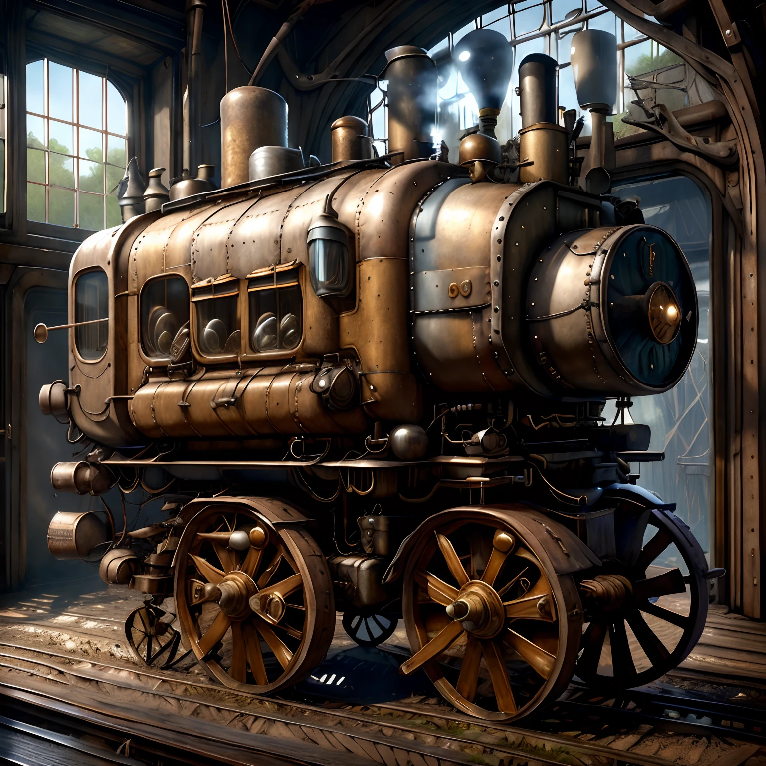 Model
Experience
Dieselpunk REDONE beige carriage ((solo))  on a steam engine , Made of iron stands on the road , The iron wheels of the carriage are visible , the barrels of the guns protruding from the side windows of the carriage are visible; ,armored windows of the carriage are visible, frontal light .