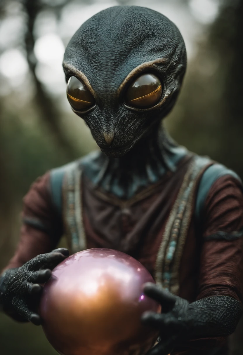 Um gato humanoide, alien, usando uma roupa que tem ossos, He holds a kind of magic ball. His tongue is out