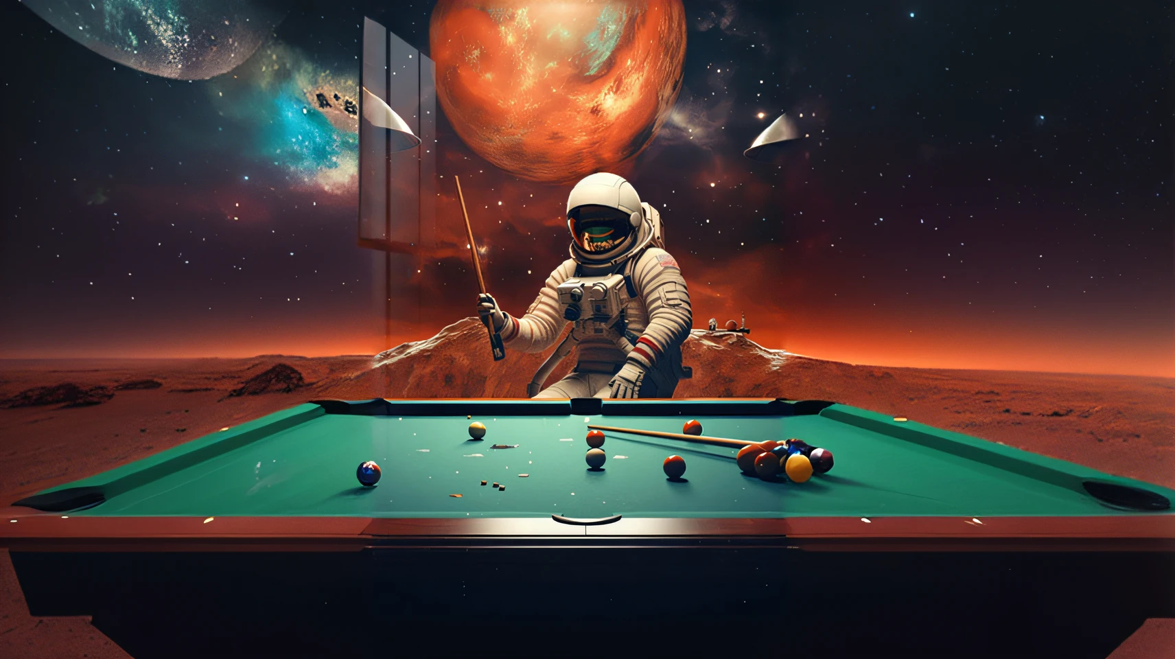 Astronaut painting playing billiards on the Mars space station, beeple masterpiece, Beeple e Tim Hildebrandt, beeple artwork, beeple art, beeple daily art, beeple. hyper photorealism, beeple and mike winkelmann, inspired by Mike Winkelmann, beeple |, Realism | beeple