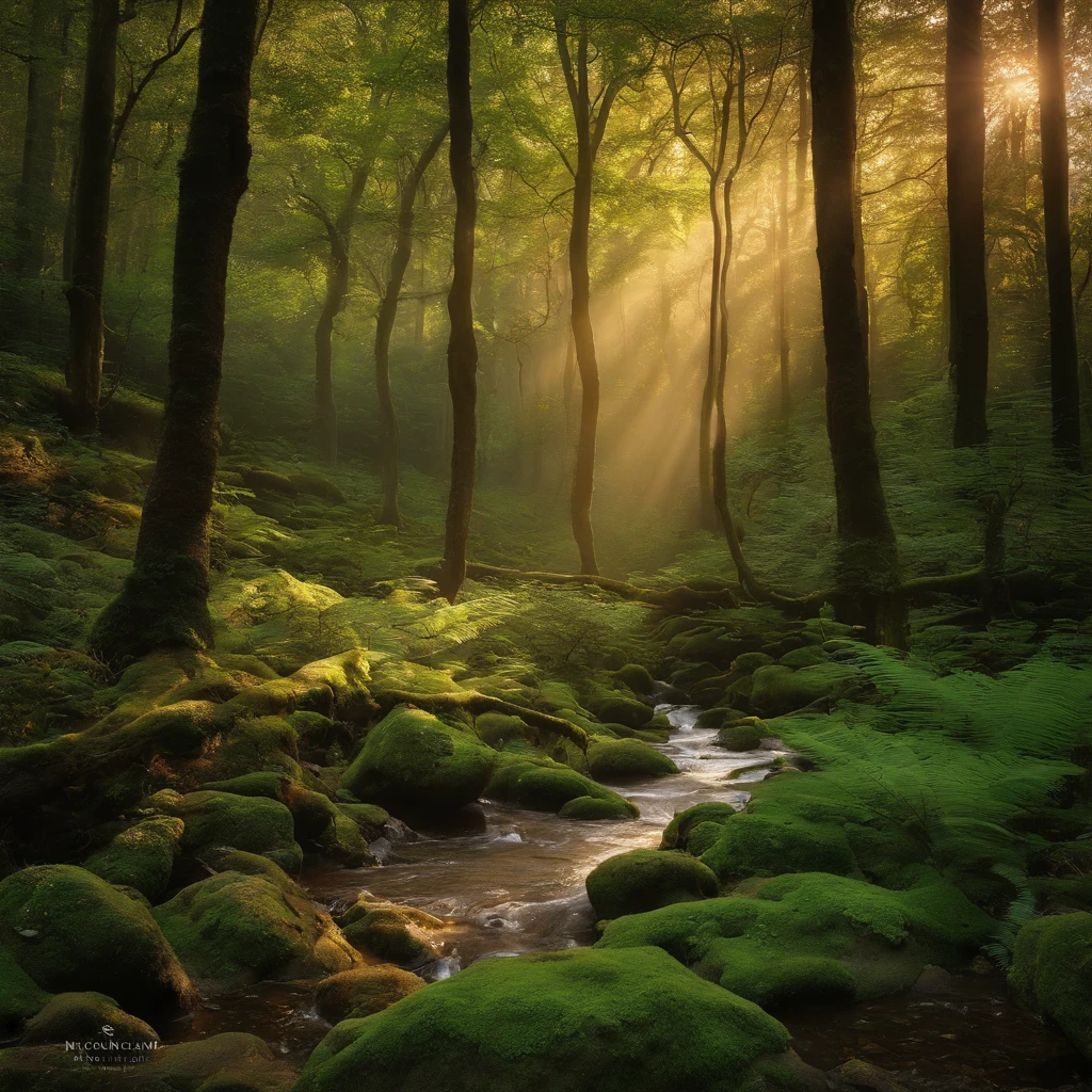 In a realm of enchantment and medieval splendor, there lay a forest of extraordinary beauty. Bathed in the soft, golden light of the sun, the forest seemed like a place straight out of a fairy tale. The sunlight filtered through the dense canopy of ancient, towering trees, casting enchanting dappled patterns on the forest floor.Everywhere you looked, there were a multitude of trees, their gnarled branches reaching high into the sky, their leaves shimmering in shades of emerald and gold. The air was filled with the sweet scent of blooming flowers, their petals of vibrant reds, blues, and purples carpeting the ground beneath.As you ventured deeper into the woods, you couldn't help but feel the magic that permeated the very air. Birds with iridescent feathers sang melodious songs, and gentle creatures of the forest darted among the ferns and moss-covered rocks. The babbling of a crystal-clear stream added a soothing undertone to the symphony of nature. Landscape, flor, Arbustos, water,(extremamente detalhado CG unidade 8k papel de parede), obras mais bonitas do mundo, fotografia majestosa profissional, intrincado, high resolution, foco nítido, Dramatic, fotorrealista, arte da pintura, hyper-realistic