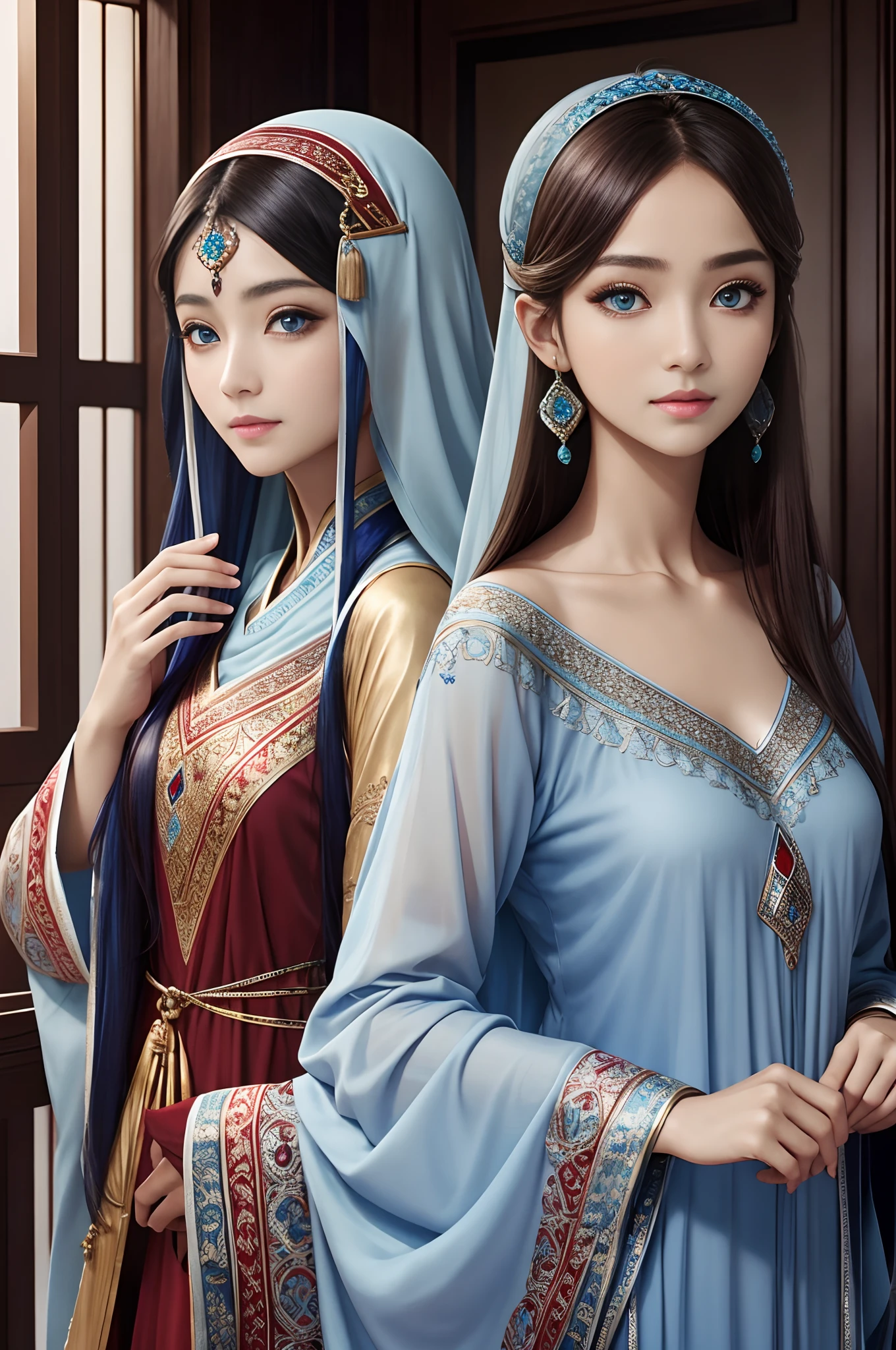 top-quality、Extremely Delicately Beautiful、(Blue and red odd eyes)、arabian clothes 、silber hair、femele、((Brown skin))