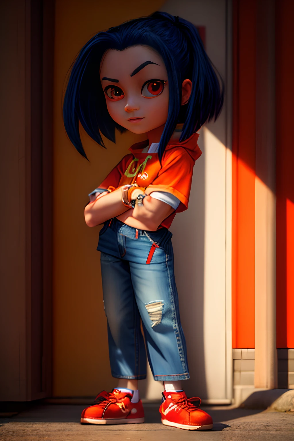 A photo of a girl standing with orange shirt, blue jeans and red shoes, anime style, very high detailing, natural lighting, HDR, 8K