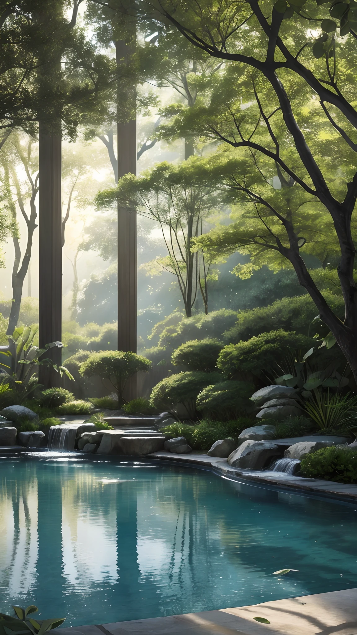 (best quality,4k,8k,highres,masterpiece:1.2),ultra-detailed,(realistic,photorealistic,photo-realistic:1.37),monochrome watercolor:1.2,greyscale:0.9,peaceful courtyard,soft colors,serene pool,vibrant blooming flowers,tranquil atmosphere,sun-dappled,gentle breeze,rippling water,serenity,muted tones,subtle shadows,textured watercolor strokes,peaceful ambiance,lush foliage,harmonious composition,delicate petals,stillness,relaxed environment,calmness,earth tones,quiet refuge,serene escape,subdued palette,dim lighting,reflective surface,whispering nature,tranquil haven,dreamlike quality,calming retreat,soothing surroundings,wistful mood.