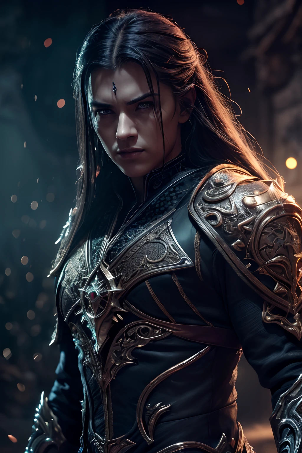 ((Film grain, bokeh, light particles ,Dust, Extreme camera angle)),(extremely detailed 8K wallpaper), Medium photo of an evil necromancer, Intricate, high detail, dramatic, saturated colors, hyper realistic texture, Impressive lighting, Unreal quality on the ArtStation Cinestill 800,