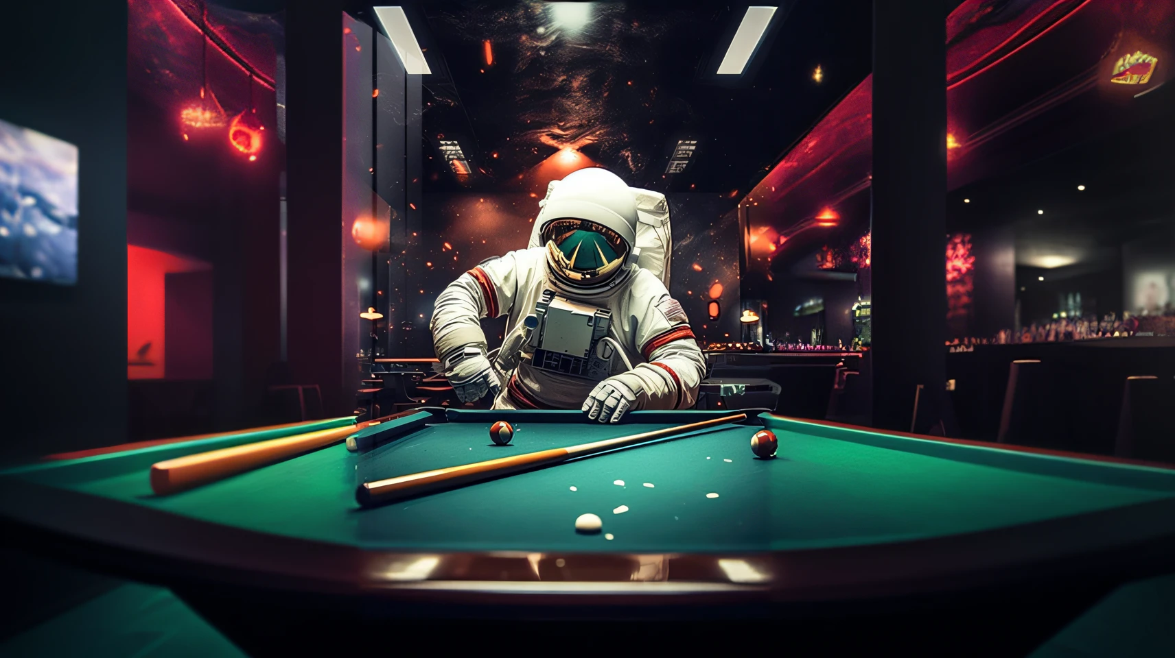 Arafeld astronaut in a spacesuit playing billiards with a club at a bar, beeple style, Astronaut, beeple masterpiece, Inspired by Beeple, in the style of beeple, fully space suited, beeple!!, beeple artwork, beeple |, beeple daily art, beeple art, Realism | beeple