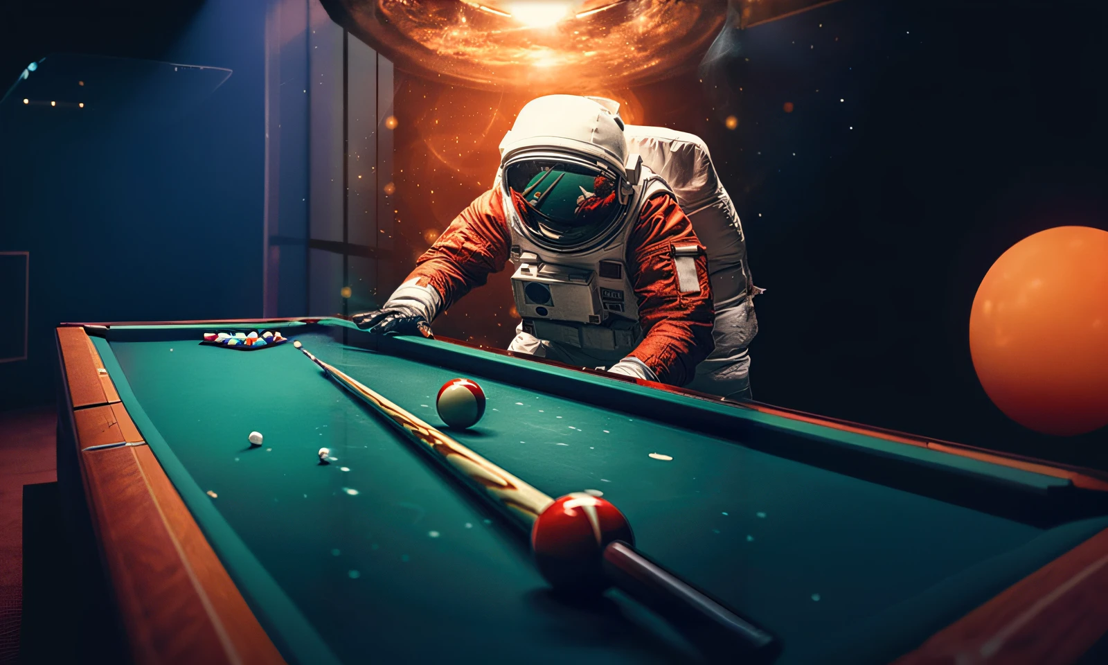 Astronauts in spacesuits playing billiards with red balls on Mars, beeple style, in the style of beeple, Inspired by Beeple, beeple masterpiece, Beeple e Tim Hildebrandt, beeple and greg rutkowski, style hybrid mix of beeple, beeple. hyper photorealism, beeple daily art