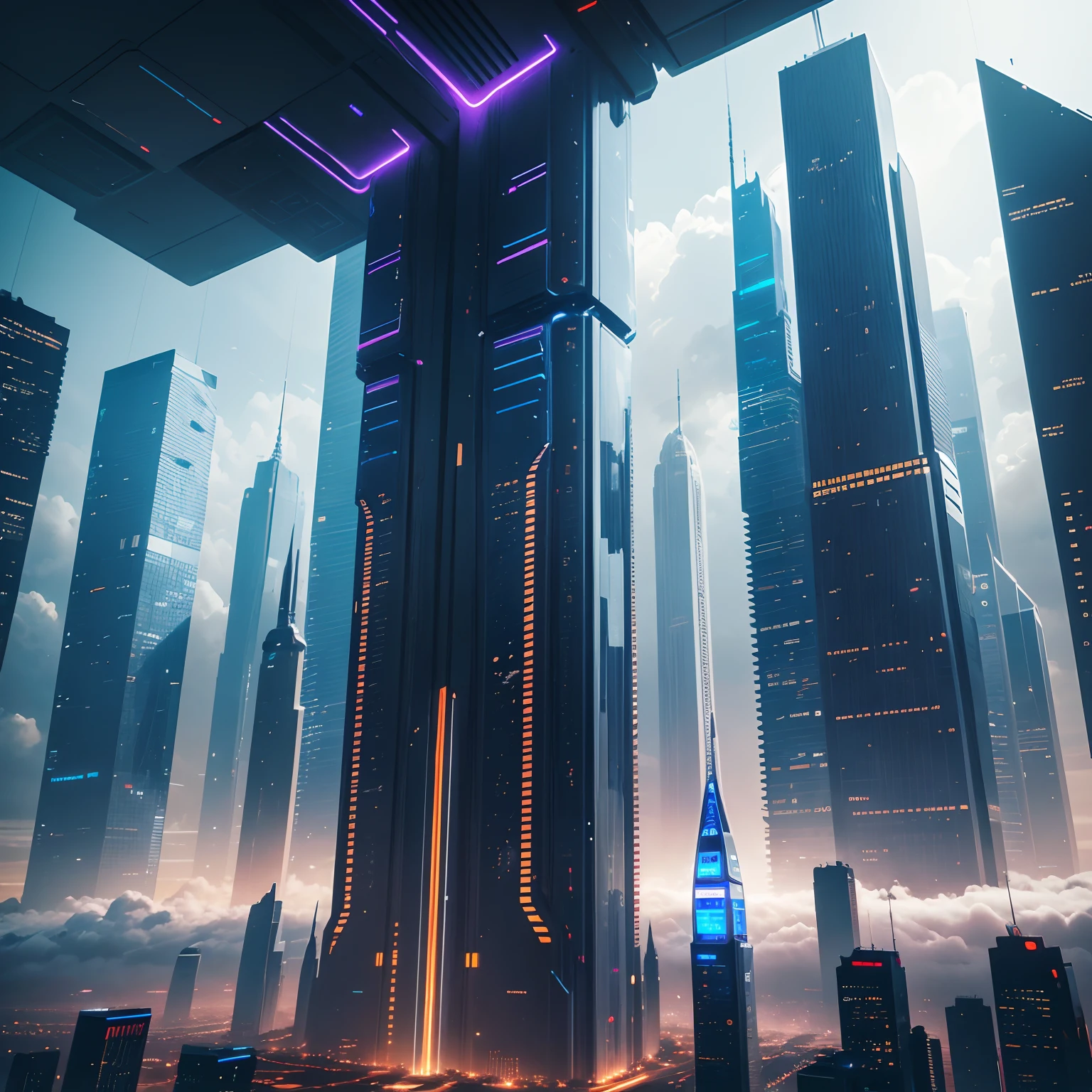 A futuristic world lined with glass-walled skyscrapers,planet earth,SFart by,masterpiece,cyberpunked,futuristic cities,utopian,Amazing city,Skyscraper high through the clouds,nighttime scene,neons,