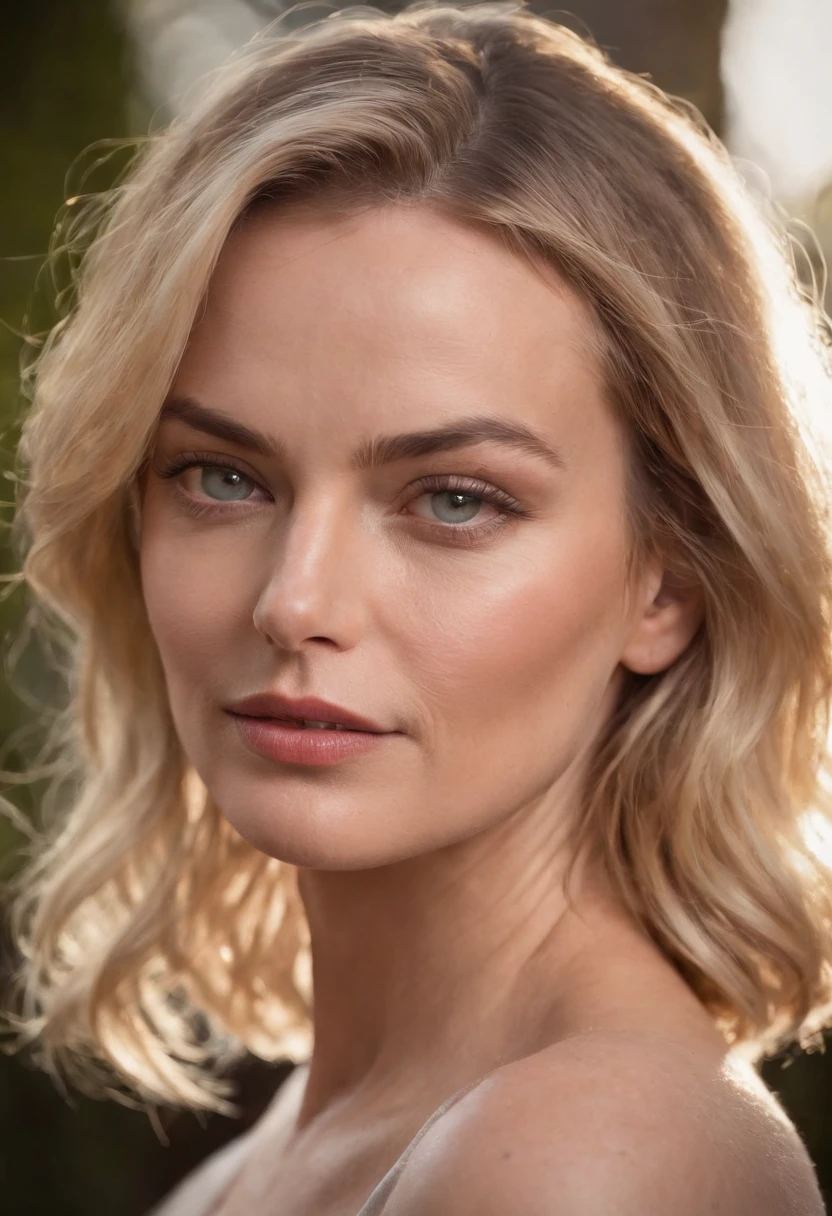 Vue lointaine, Hyper-realistic style, photographe ,realistic lighting, maquillage brillant, une femme par image, femme visible en entier, sur Femme 40 ans, seul, serious, Blonde, type Margot Robbie/Charlize Theron, grosse levre, long cou, chic