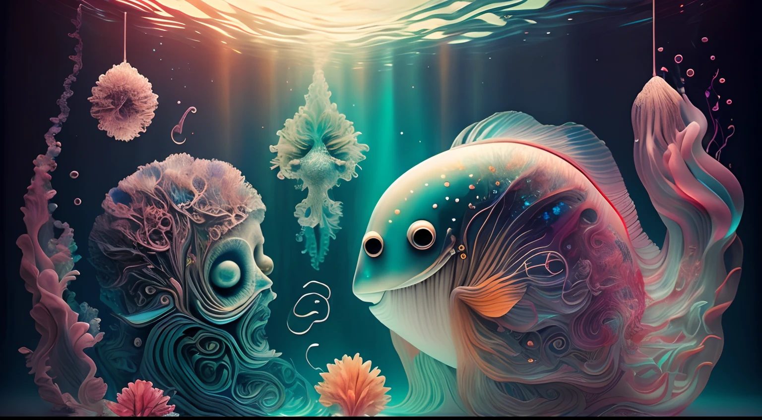 Arte en movimiento,medusas bioluminiscentes flotando en la profundidad del oceano, llevadas por la corriente. Colores fluidos, translucidos , fosforescentes, de colores brillantes, colores radiantes, psicodelicos,iluminan el entorno oscuro con su fosforescencia, sensacion de movimientos fluidos , arremolinados, movimiento de los tentaculos de acuerdo al arte de los fluidos en movimiento,obra maestra, Beautiful psychedelic entropy