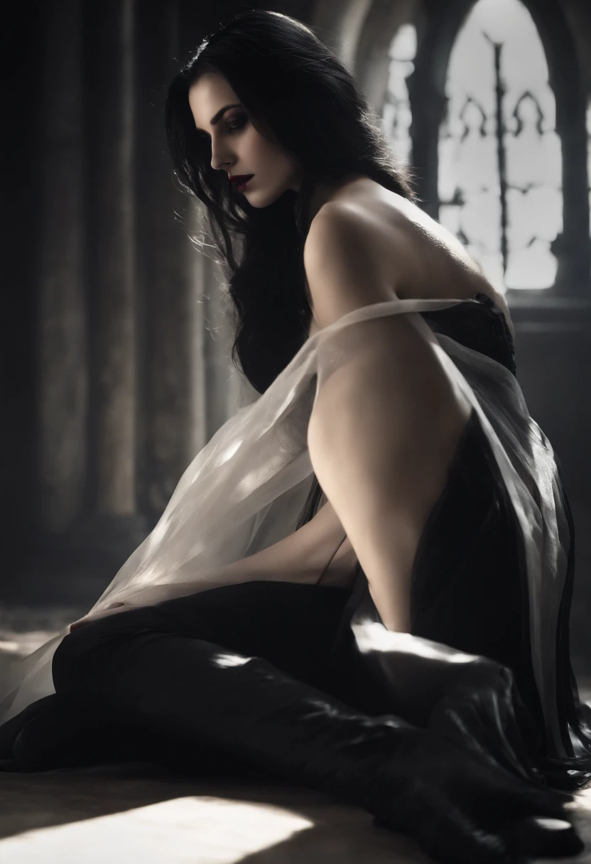 (Best quality,photoreallistic),(Sombre,pressentiment) Un,Detailed black eyes,long black hair resembling the night,pale skinned,Cernes visibles,athletic body but covered in scars,Disturbing atmosphere,Gothic aesthetics,Apparence cauchemardesque,Regard intense,mysterious aura, posture sinueuse et tendue,Dramatic shadows and lighting,striking contrast between light and dark,Suspicion of danger,Enchanted atmosphere
