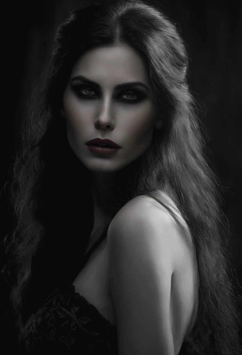 (Best quality,photoreallistic),(Sombre,pressentiment) Un,Detailed black eyes,long black hair resembling the night,pale skinned,Cernes visibles,athletic body but covered in scars,Disturbing atmosphere,Gothic aesthetics,Apparence cauchemardesque,Regard intense,mysterious aura, posture sinueuse et tendue,Dramatic shadows and lighting,striking contrast between light and dark,Suspicion of danger,Enchanted atmosphere