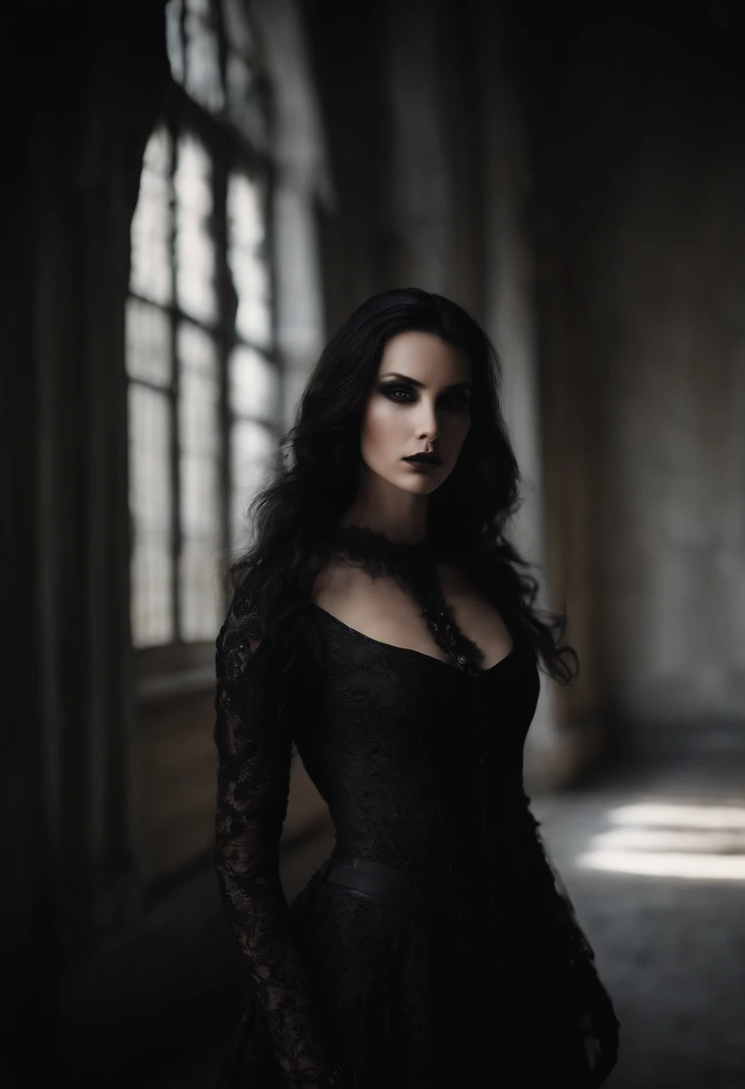 (best qualityer, high resolution, ultra detali, realisitic:1.37), very very beautiful woman, (greeneyes), (long wavy black and blue hair), (dark make-up), 23 year old, tall and slender, height 170 cm, body measurements 90-60-90, ethereal beauty, intense gaze, confident stance, soft natural lighting, swirly vibrant colors, Whimsical Atmosphere, alternative dress, vestido Gothic, metallic dress, black motorcycle boots, all black dress ((chast long velvet renaissance dress)), (epic photorealisitic), araf woman in black, an image inspired by Kati Horna, tumblr, Gothic art, Gothic!!, estilo Gothic, Gothic outfit, Goth girl, gothic vibe, Gothic style, Gothic, Gothic horror vibes, Gothic wearing, Gothic chique, Gothic fashion, gothic aesthetic, Gothic girl, Gothic aesthetic, dark and Gothic, Father Lachaise Cemetery, lying in a tomb
