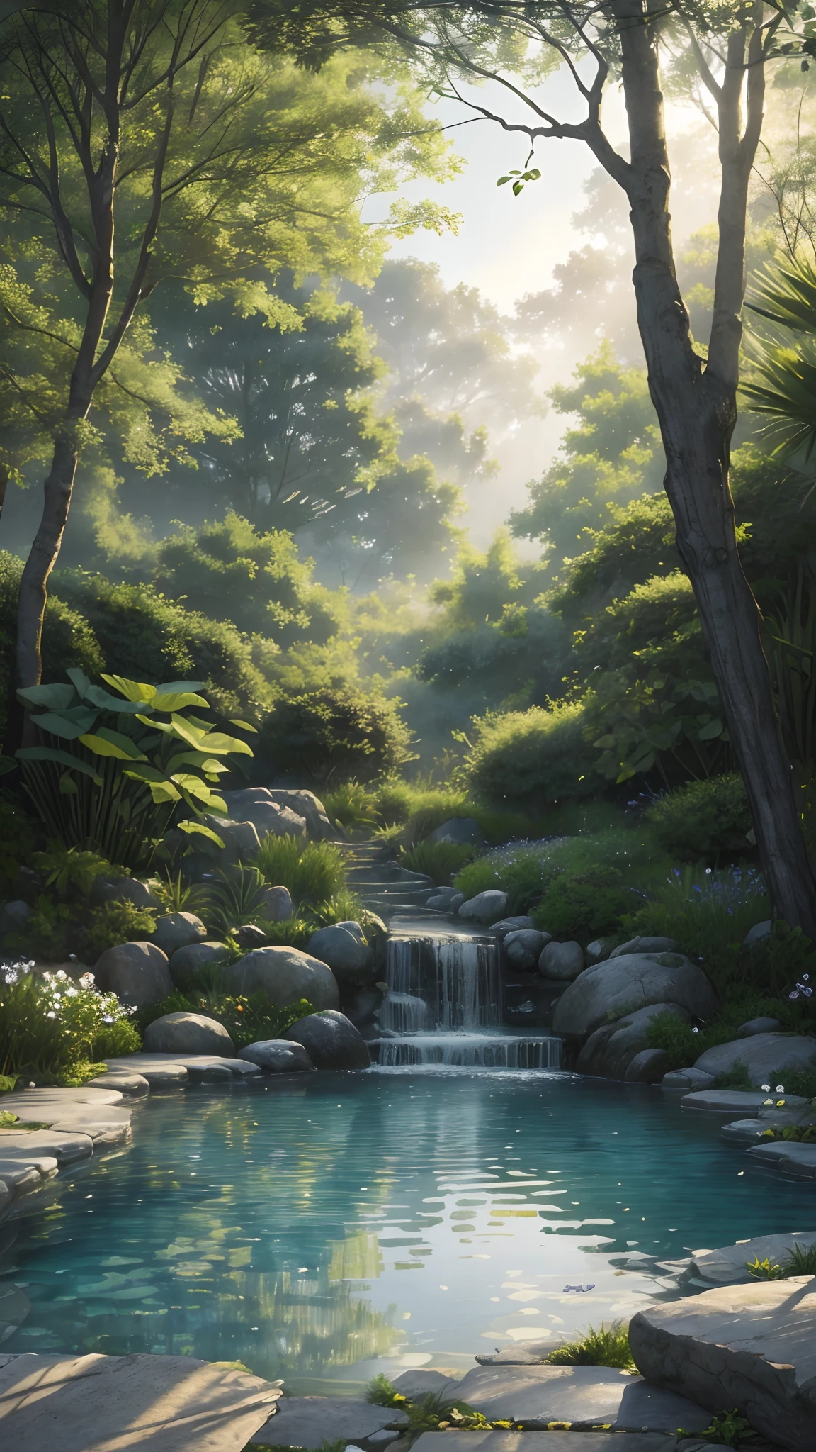 (best quality,4k,8k,highres,masterpiece:1.2),ultra-detailed,(realistic,photorealistic,photo-realistic:1.37),monochrome watercolor:1.2,greyscale:0.9,peaceful courtyard,soft colors,serene pool,vibrant blooming flowers,tranquil atmosphere,sun-dappled,gentle breeze,rippling water,serenity,muted tones,subtle shadows,textured watercolor strokes,peaceful ambiance,lush foliage,harmonious composition,delicate petals,stillness,relaxed environment,calmness,earth tones,quiet refuge,serene escape,subdued palette,dim lighting,reflective surface,whispering nature,tranquil haven,dreamlike quality,calming retreat,soothing surroundings,wistful mood.