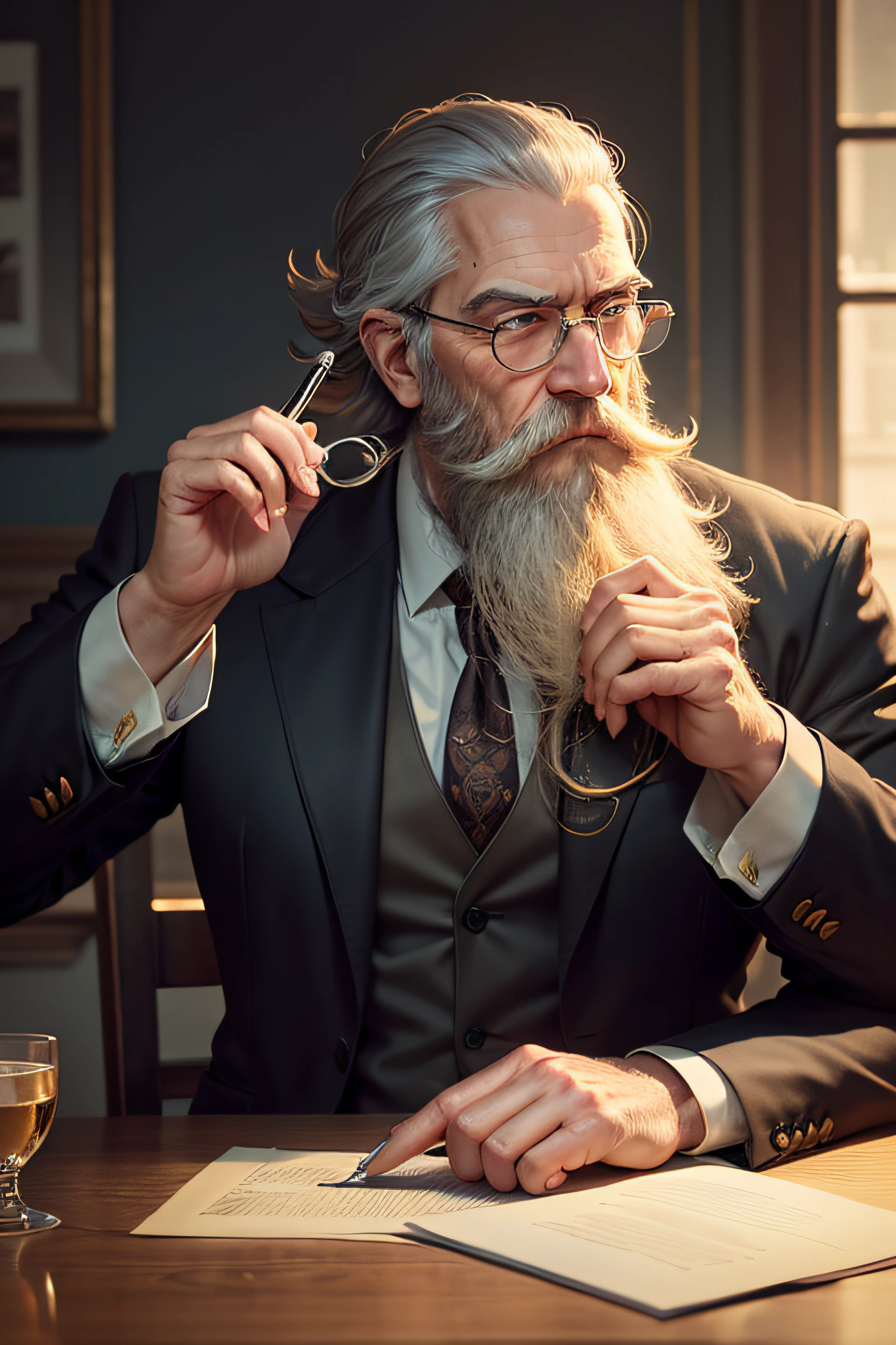 "Produce an image featuring a sophisticated, mature man with a long beard and a vintage monocle, captured from a side view. sitting. He's holding tweezers in his left hand, gesturing slightly with his raised left hand, and his gaze is fixed on the single grain of salt positioned on a table in front of his chest. This visual conveys a mafia-style atmosphere."