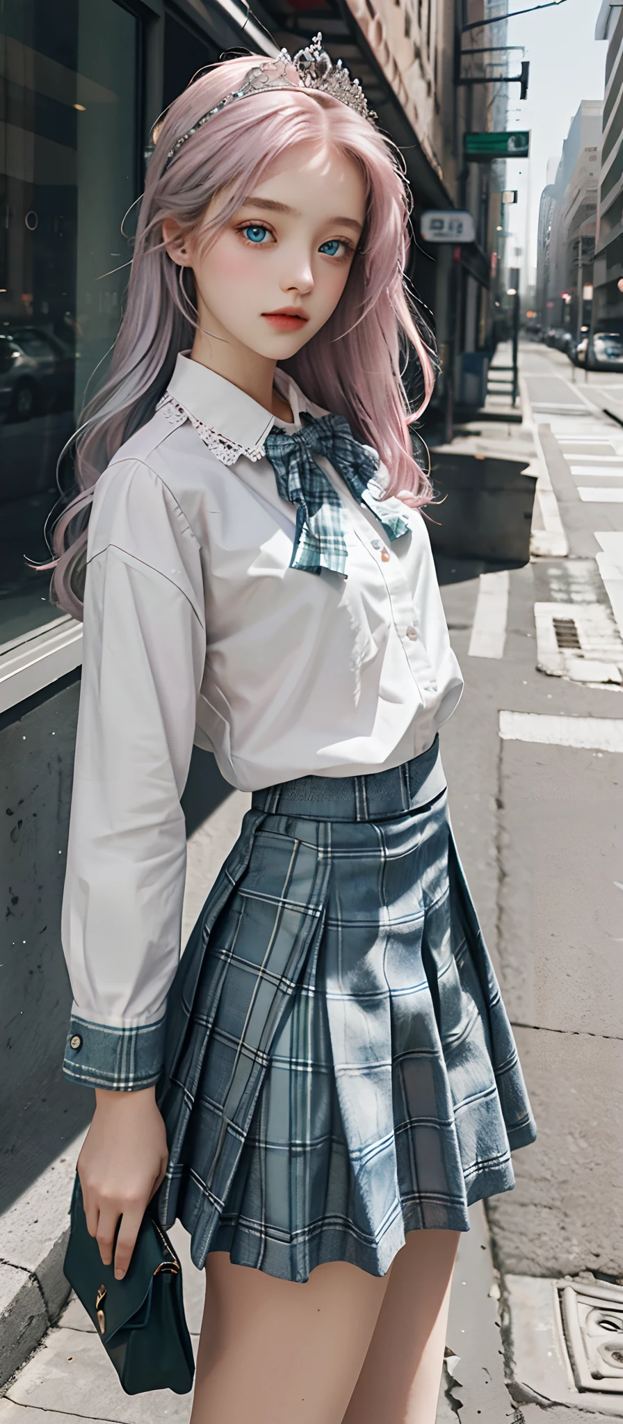 1girl, (masterpiece:1.1), (best quality:1.1), (white blouse:1.1), (plaid skirt:1.1), school uniform, high waist skirt, BREAK [blue:pink:0.5] theme, (Urban Background: 1.1), denim lens, break silver, long hair, green eyes, delicate tiara, sideways,