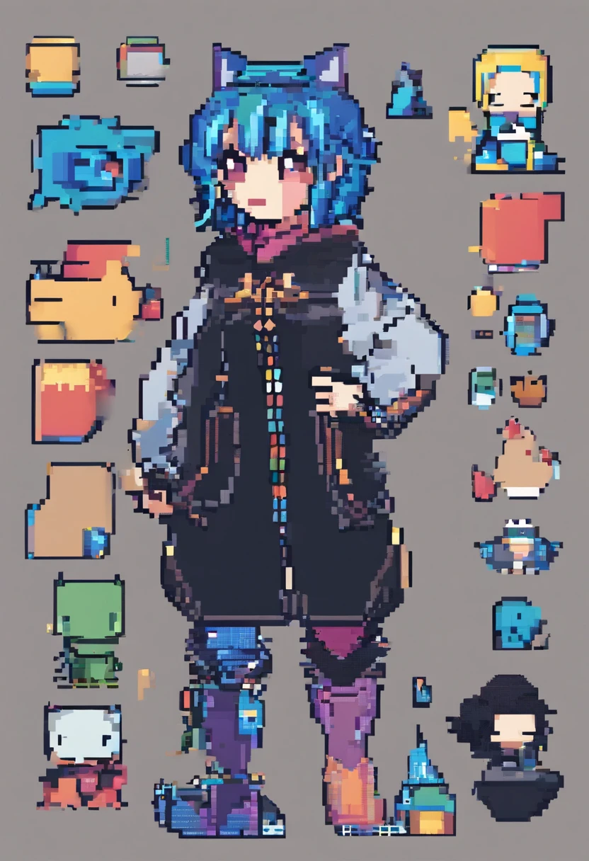 extremely fat thighs, extremely wide hips, extremely wide hips, hips as wide as the image, small breasts, tiny breasts, laying on bed, cat ears and 1 tail, blue hair, black pleated skirt, black skirt, hoodie, baggy blue hoodie, shiny black leggings, black leggings
